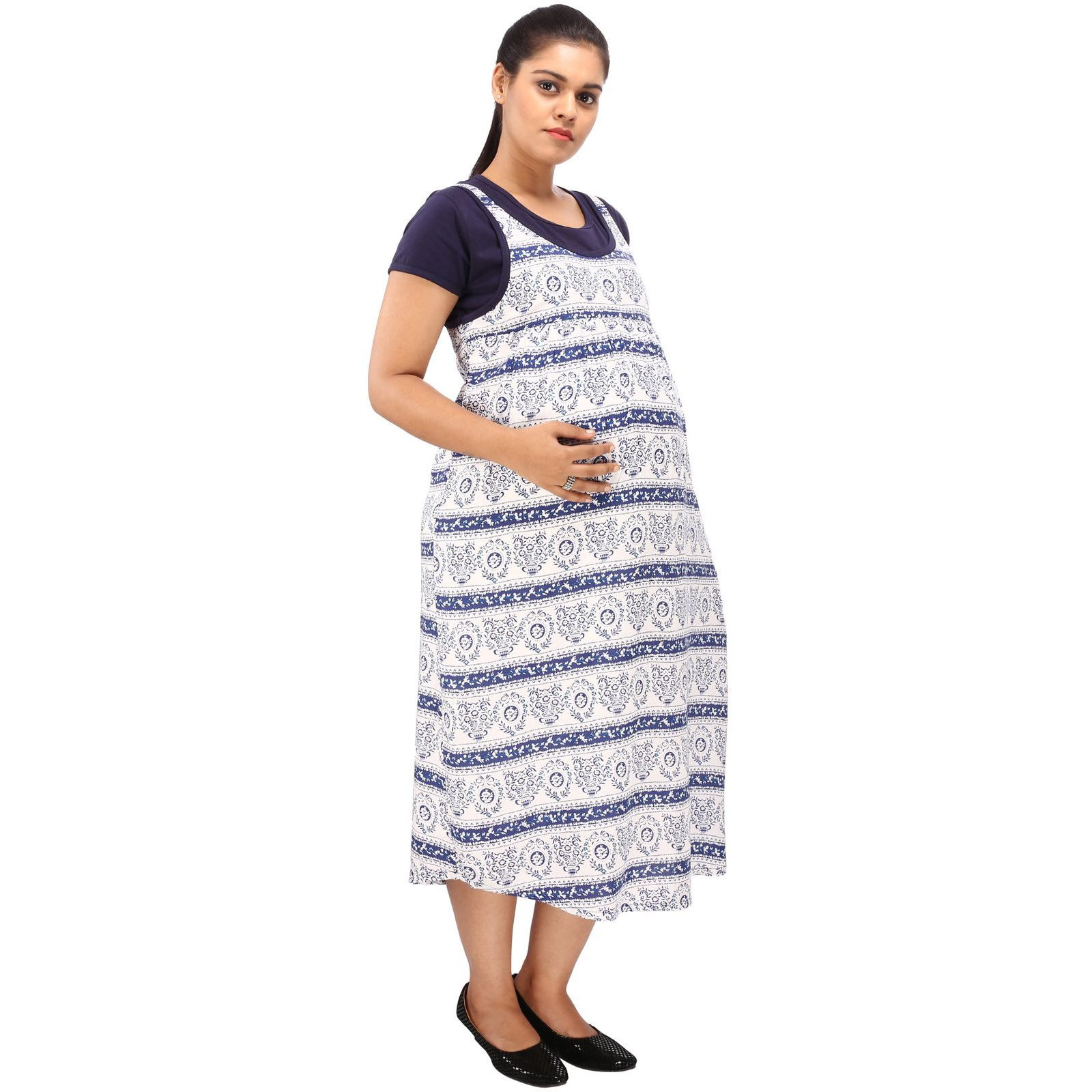 Mamma's Maternity Women's Rayon Printed Blue Maternity Dress (Size:M)