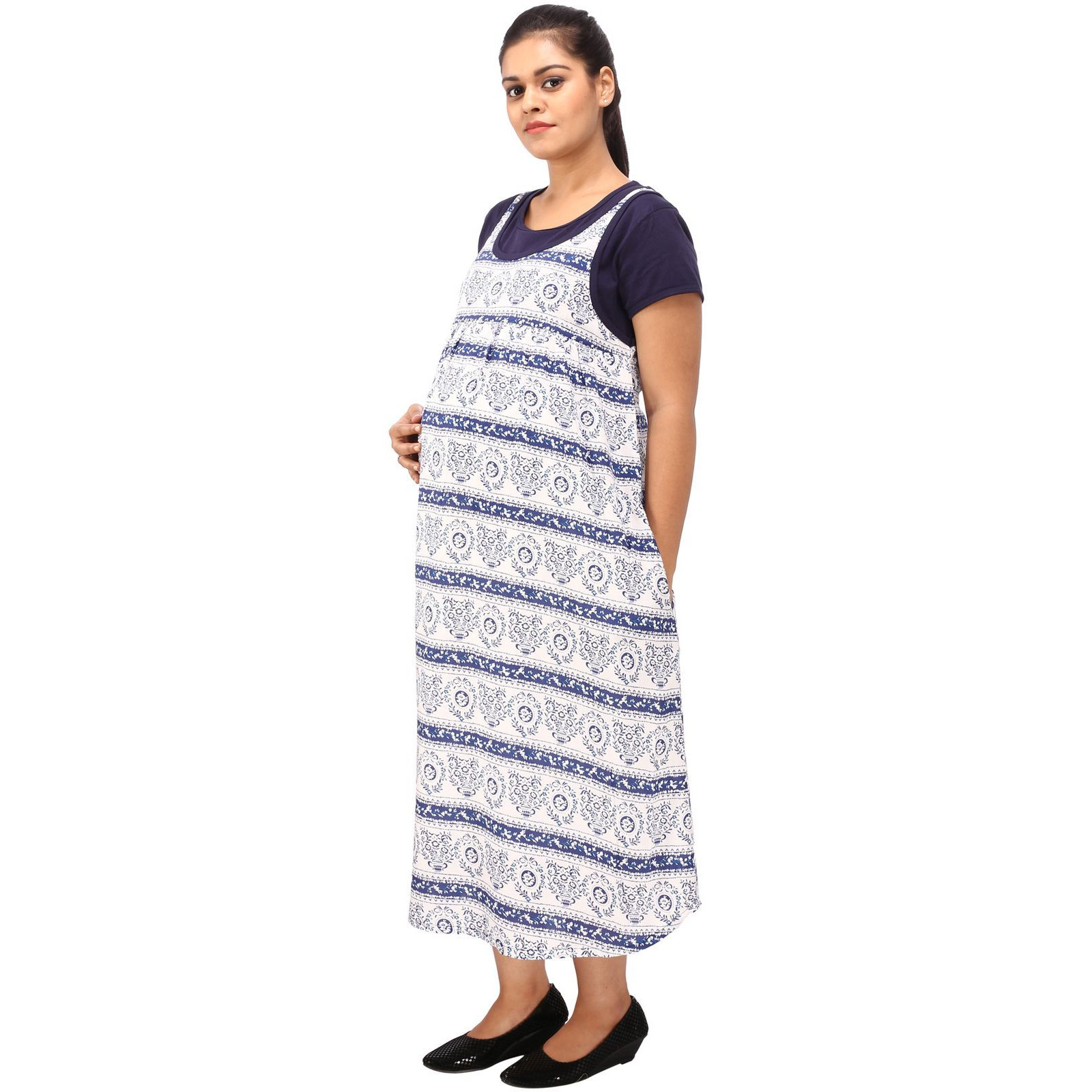 Mamma's Maternity Women's Rayon Printed Blue Maternity Dress