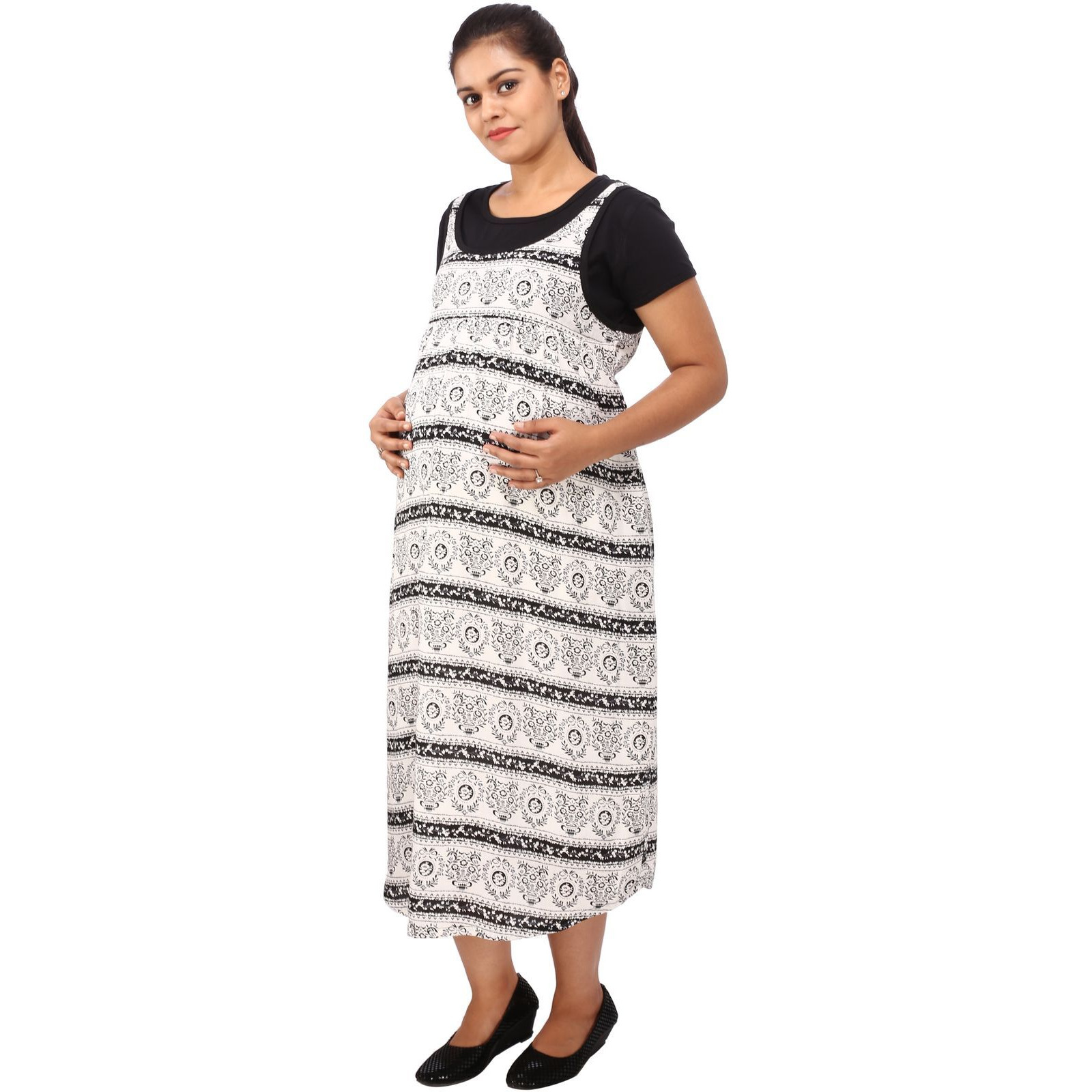 Mamma's Maternity Women's Rayon Printed Black Maternity Dress (Size:M)