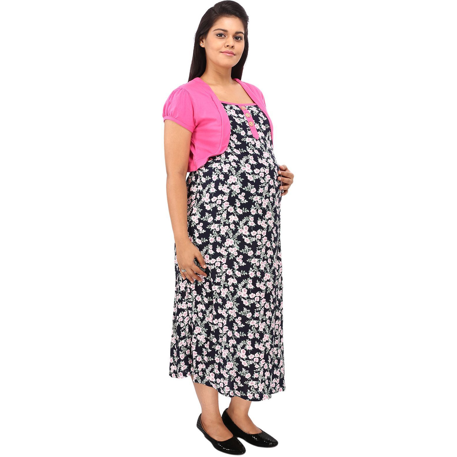 Mamma's Maternity Women's Pink and Black Floral Maternity Dress