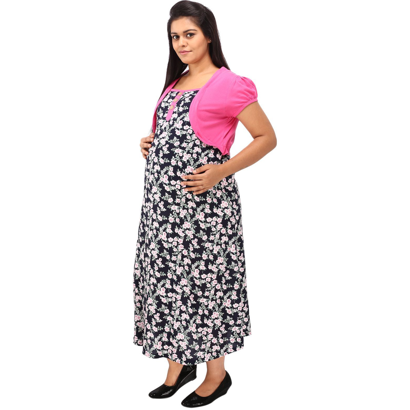 Mamma's Maternity Women's Pink and Black Floral Maternity Dress