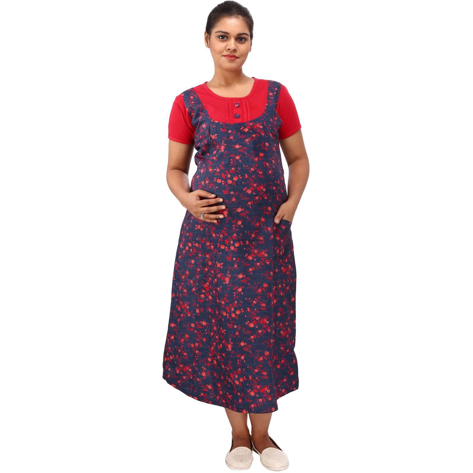 Mamma's Maternity Women's Cotton Red and Blue Maternity Dress (Size:M)