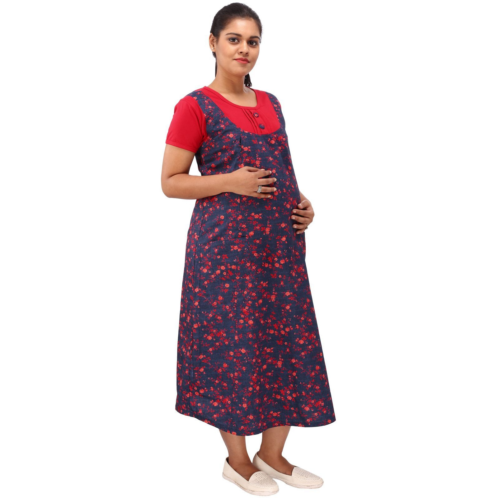 Mamma's Maternity Women's Cotton Red and Blue Maternity Dress (SizeM)