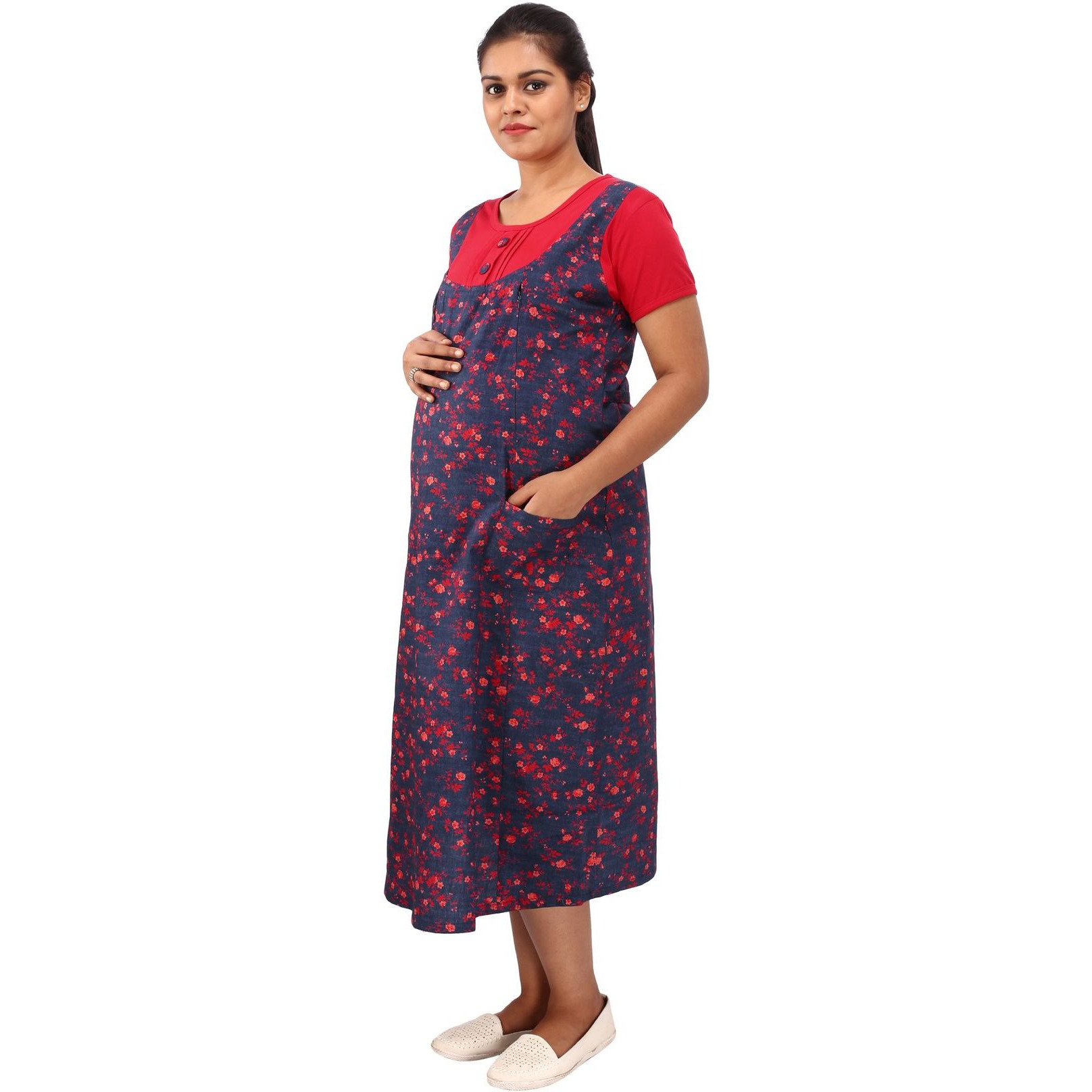 Mamma's Maternity Women's Cotton Red and Blue Maternity Dress (SizeM)