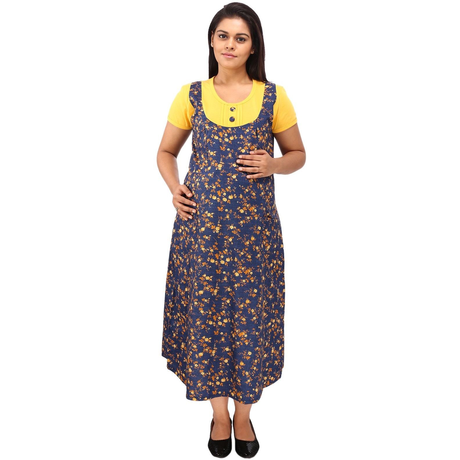 Mamma's Maternity Women's Cotton Yellow and Blue Maternity Dress (Size:M)