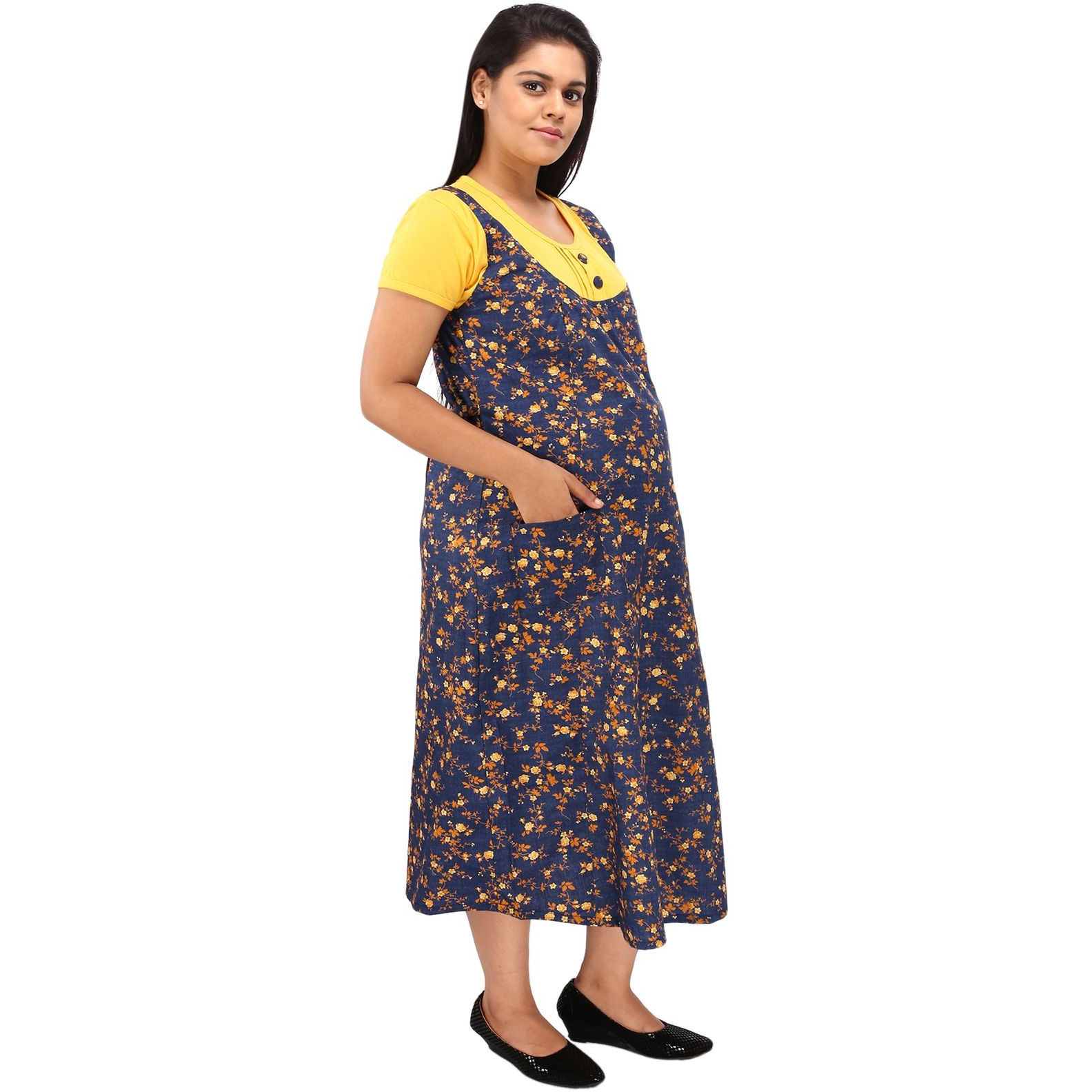 Mamma's Maternity Women's Cotton Yellow and Blue Maternity Dress