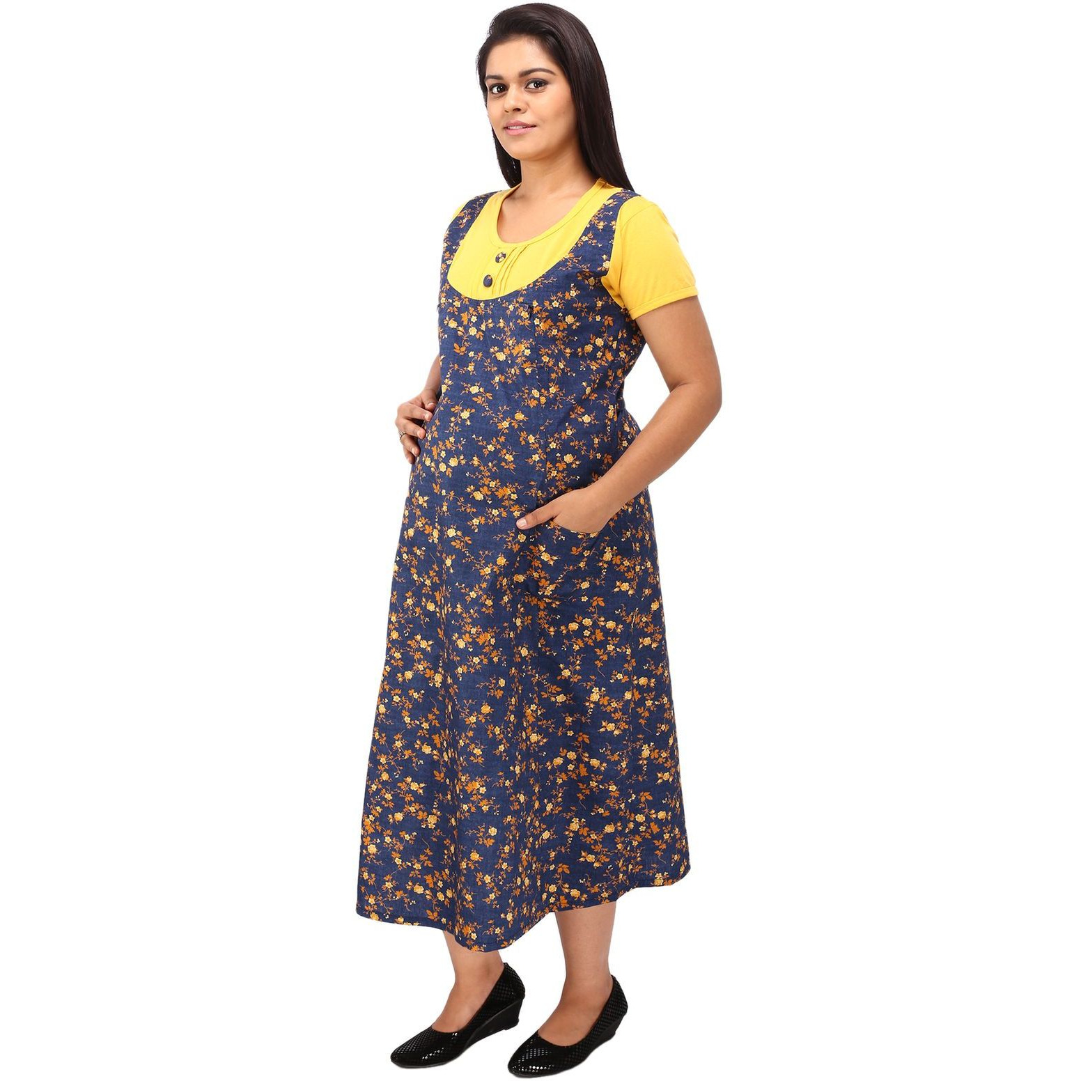 Mamma's Maternity Women's Cotton Yellow and Blue Maternity Dress (Size:M)