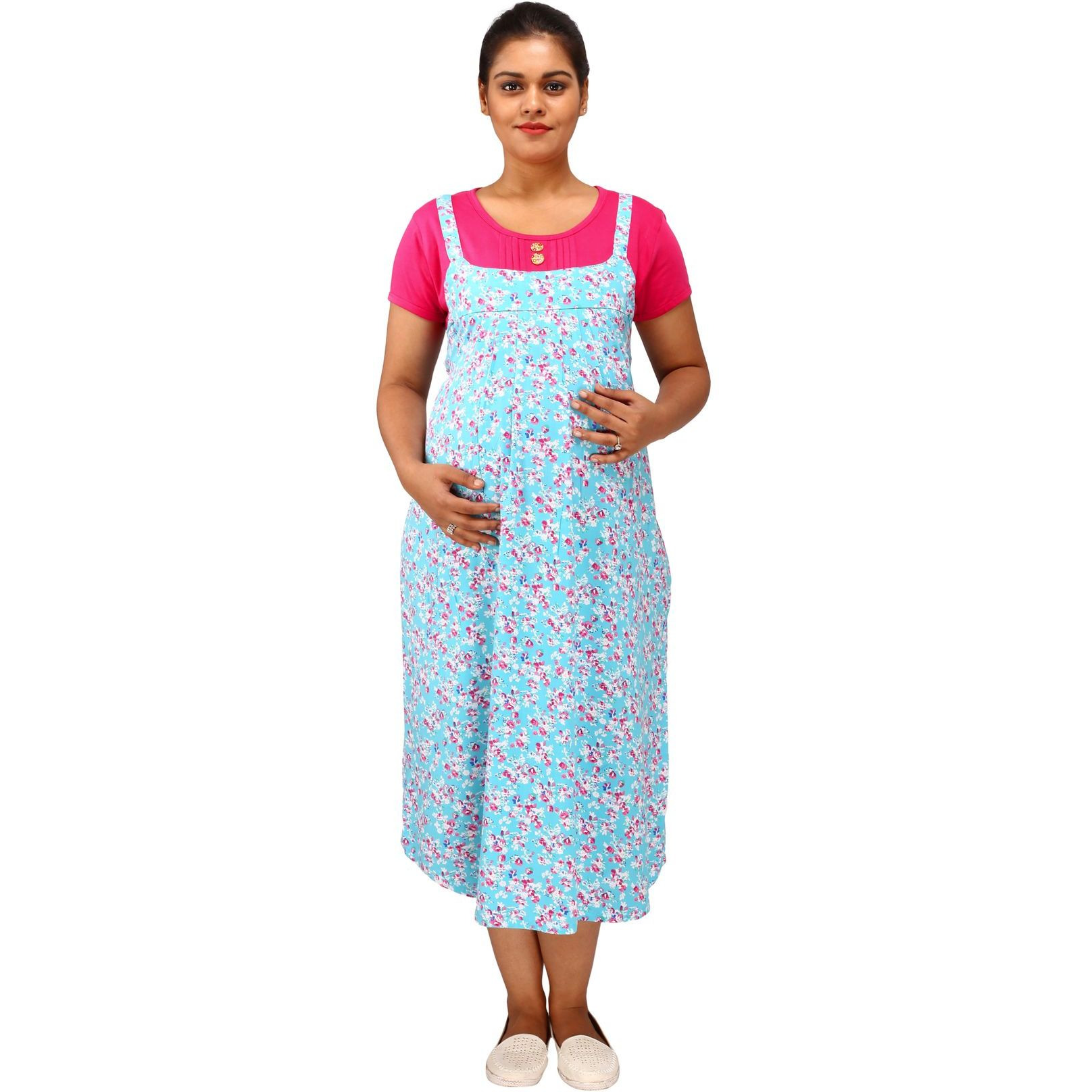 Mamma's Maternity Women's Printed Pink and Blue Maternity Dress (Size:L)