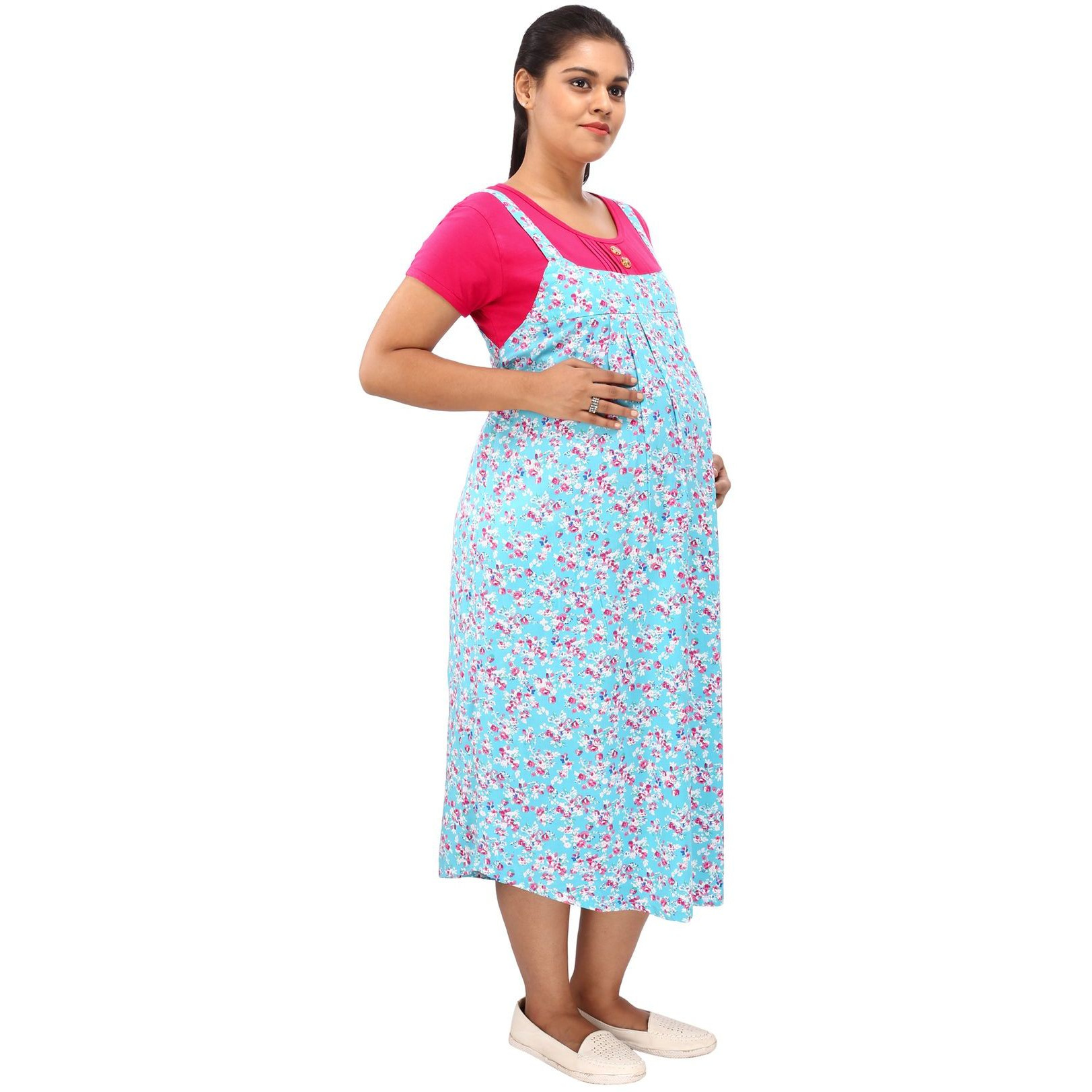 Mamma's Maternity Women's Printed Pink and Blue Maternity Dress (Size:L)