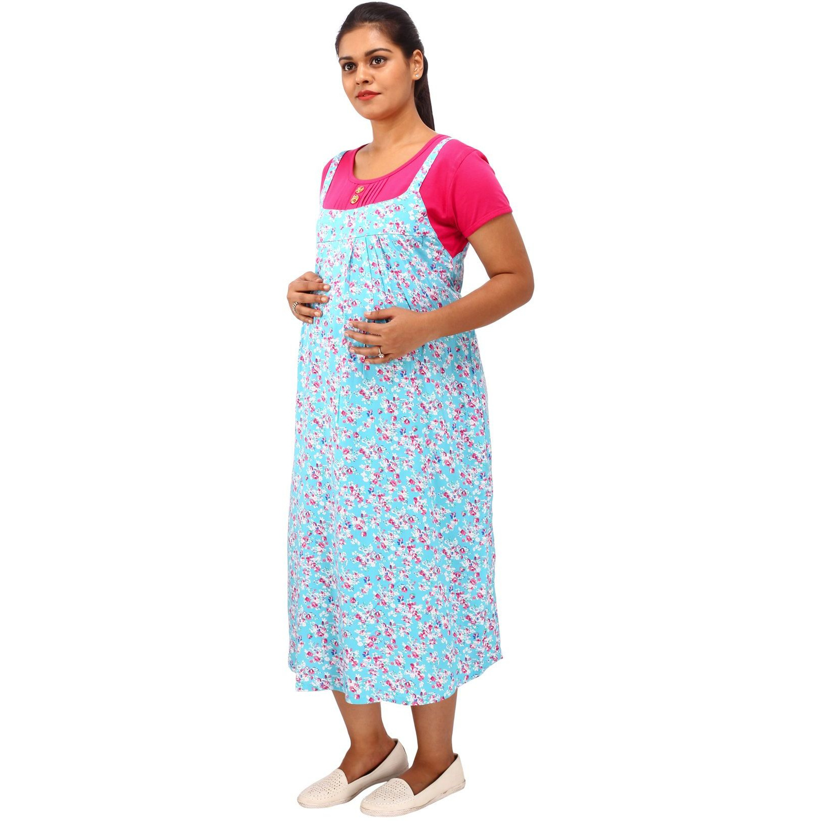 Mamma's Maternity Women's Printed Pink and Blue Maternity Dress (Size:L)