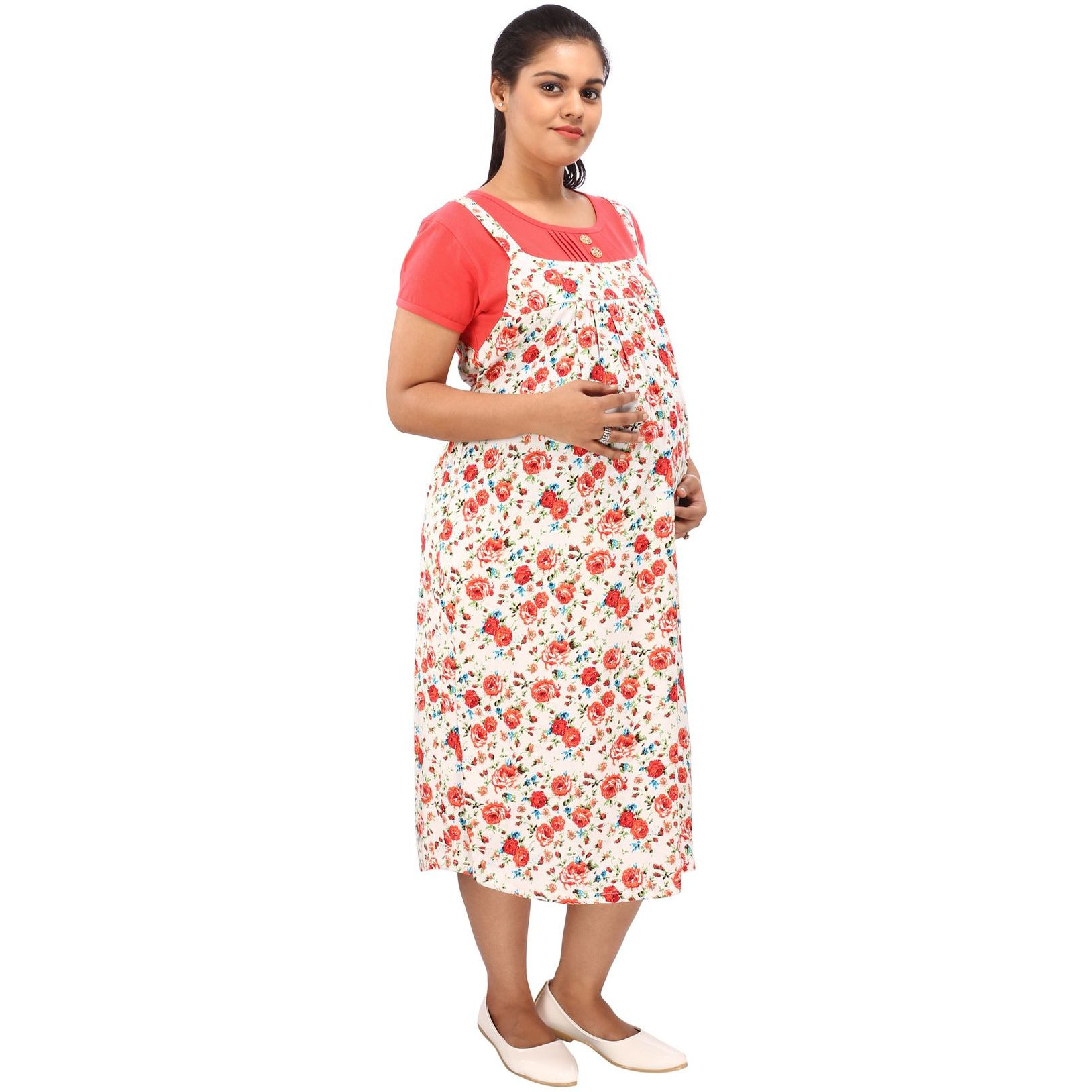 Mamma's Maternity Women's Printed Peach and White Maternity Dress