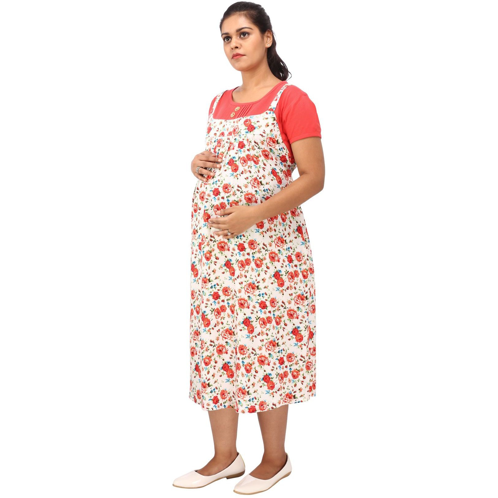 Mamma's Maternity Women's Printed Peach and White Maternity Dress