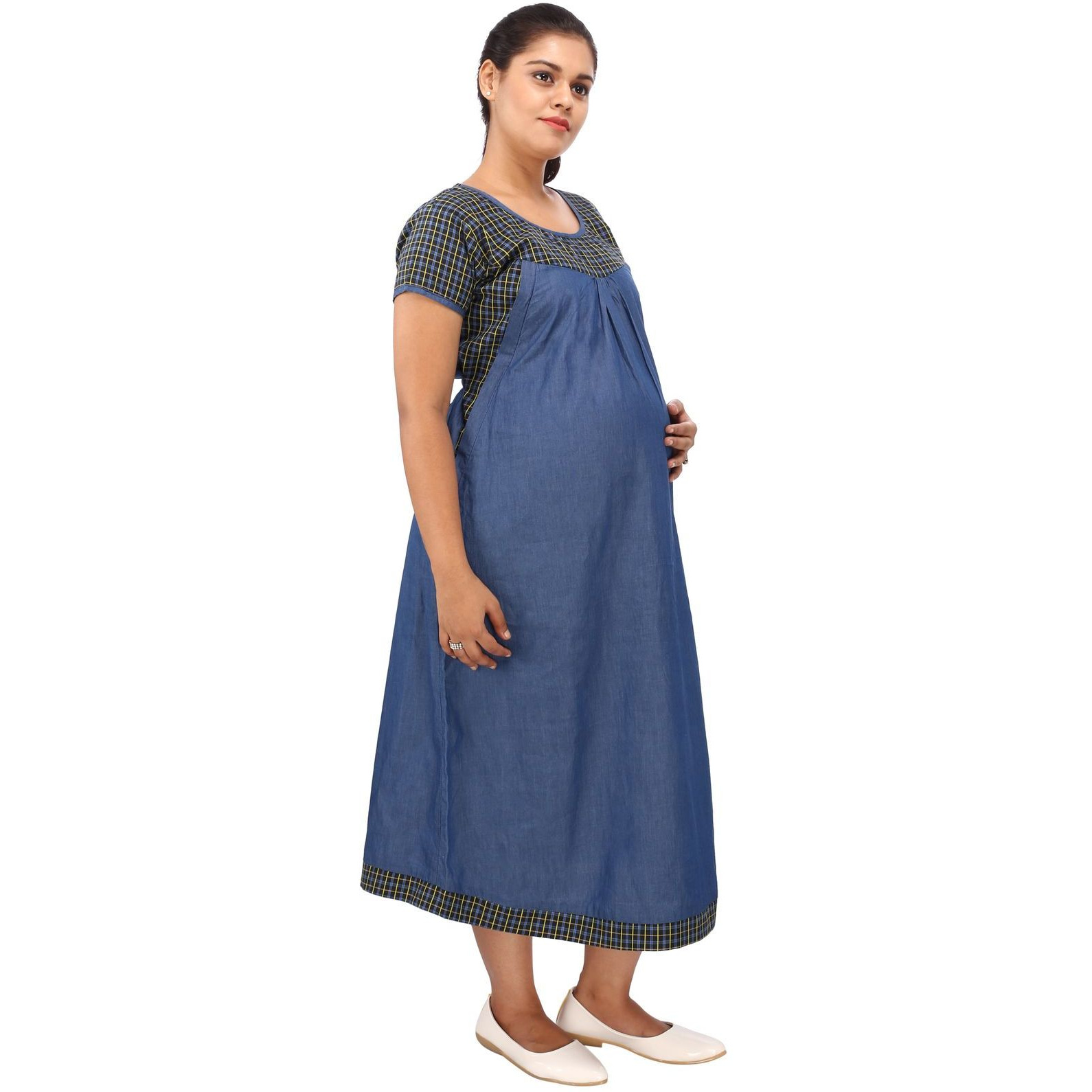 Mamma's Maternity Women's Yellow Check's Printed Blue Denim Maternity Dress