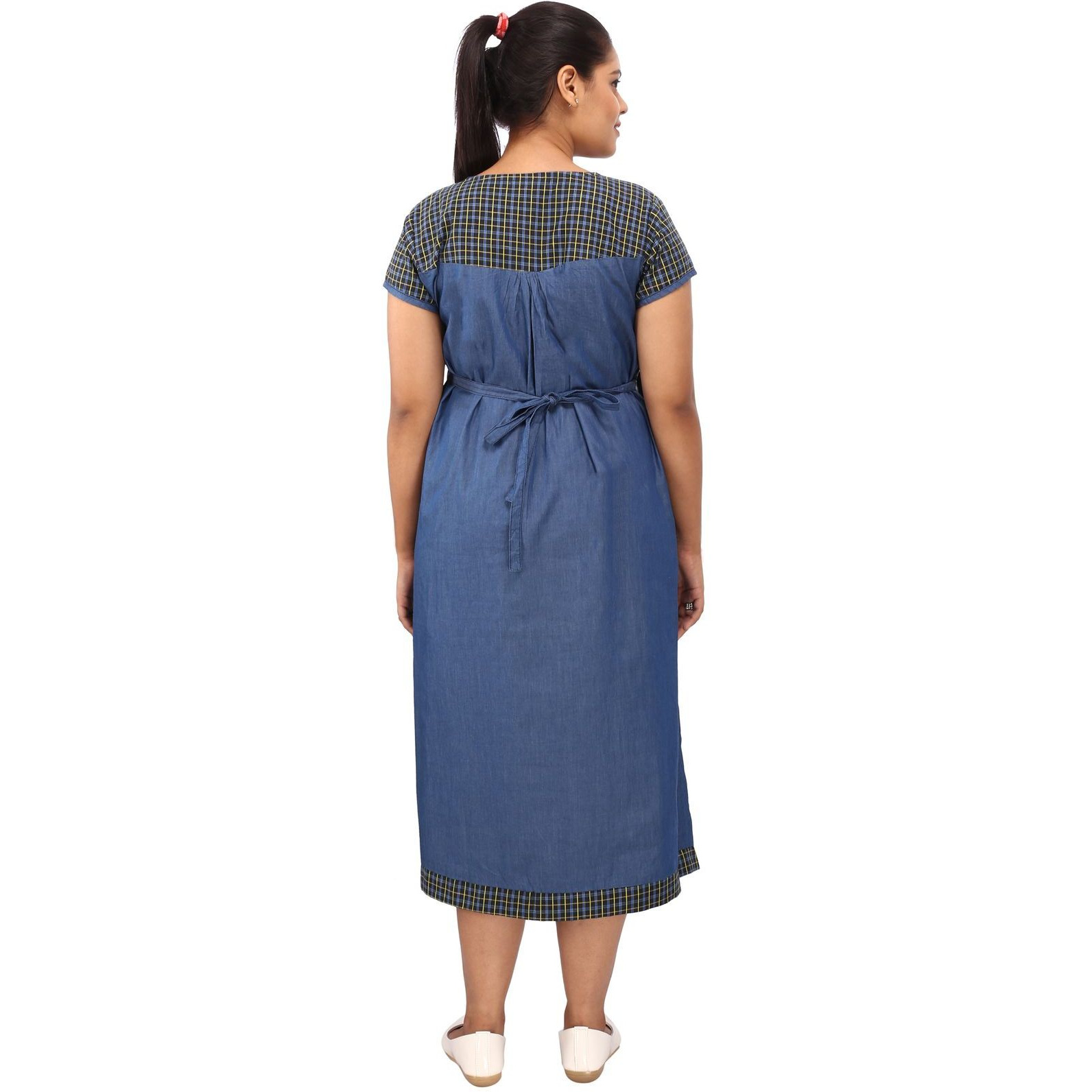 Mamma's Maternity Women's Yellow Check's Printed Blue Denim Maternity Dress