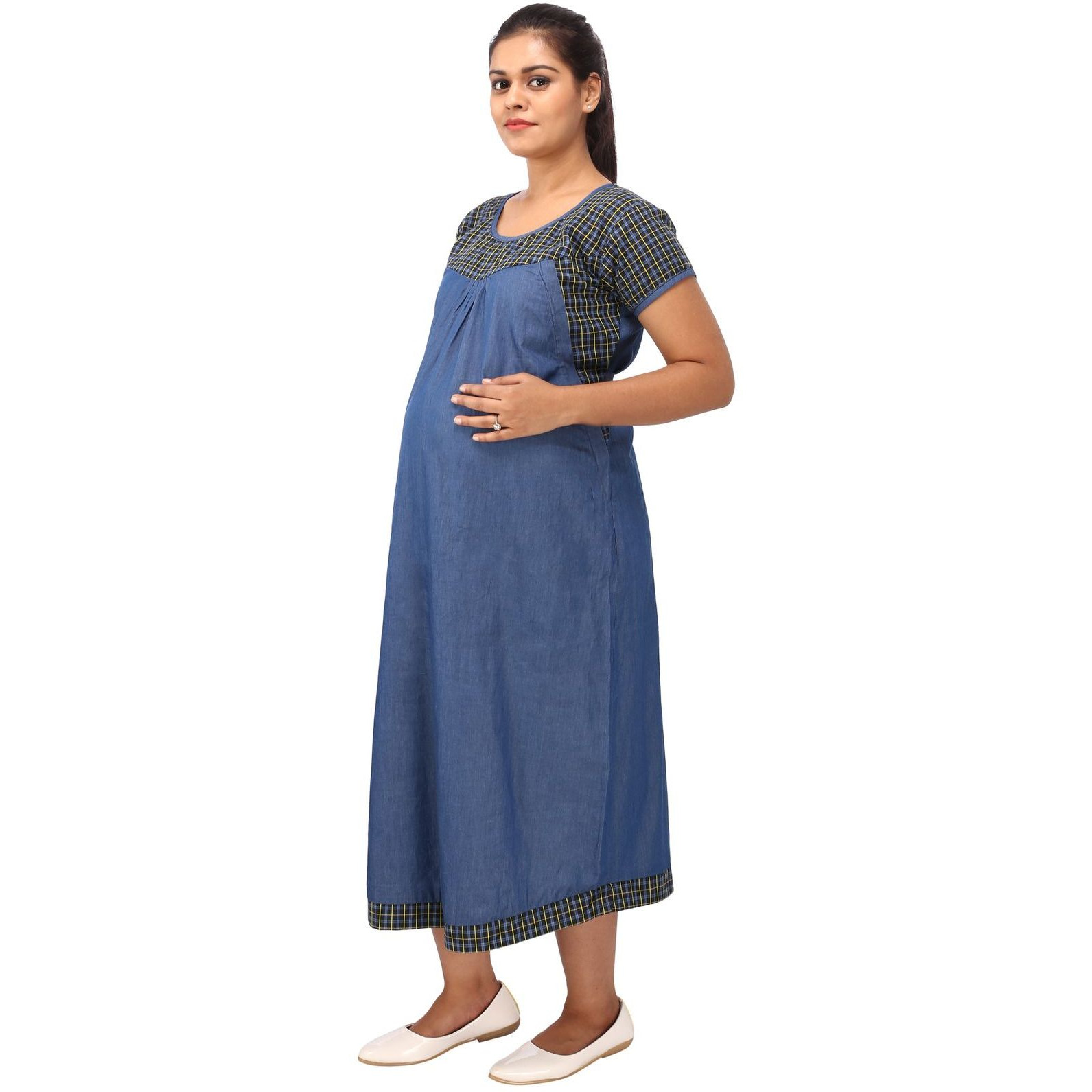Mamma's Maternity Women's Yellow Check's Printed Blue Denim Maternity Dress