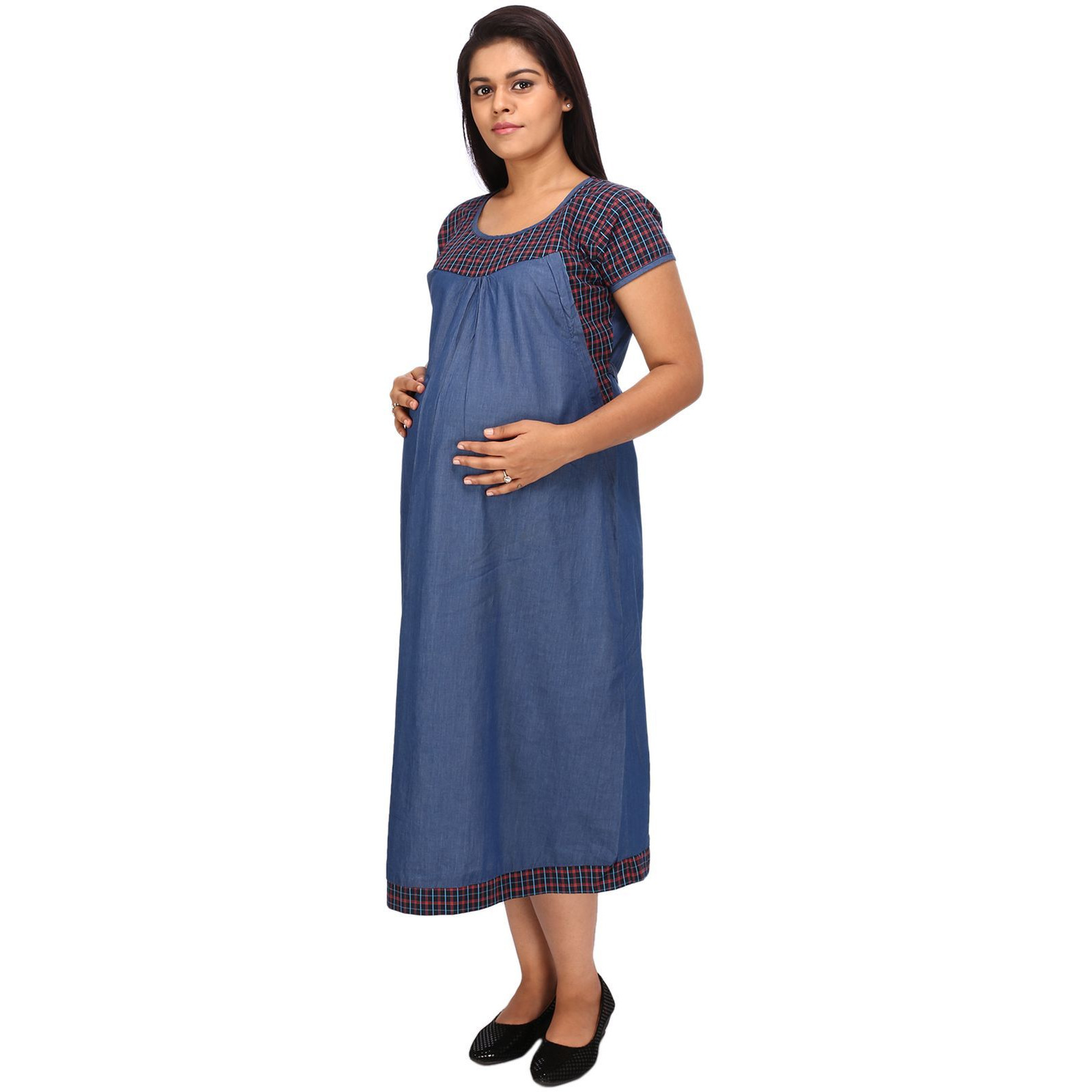 Mamma's Maternity Women's Red Check's Printed Blue Denim Maternity Dress