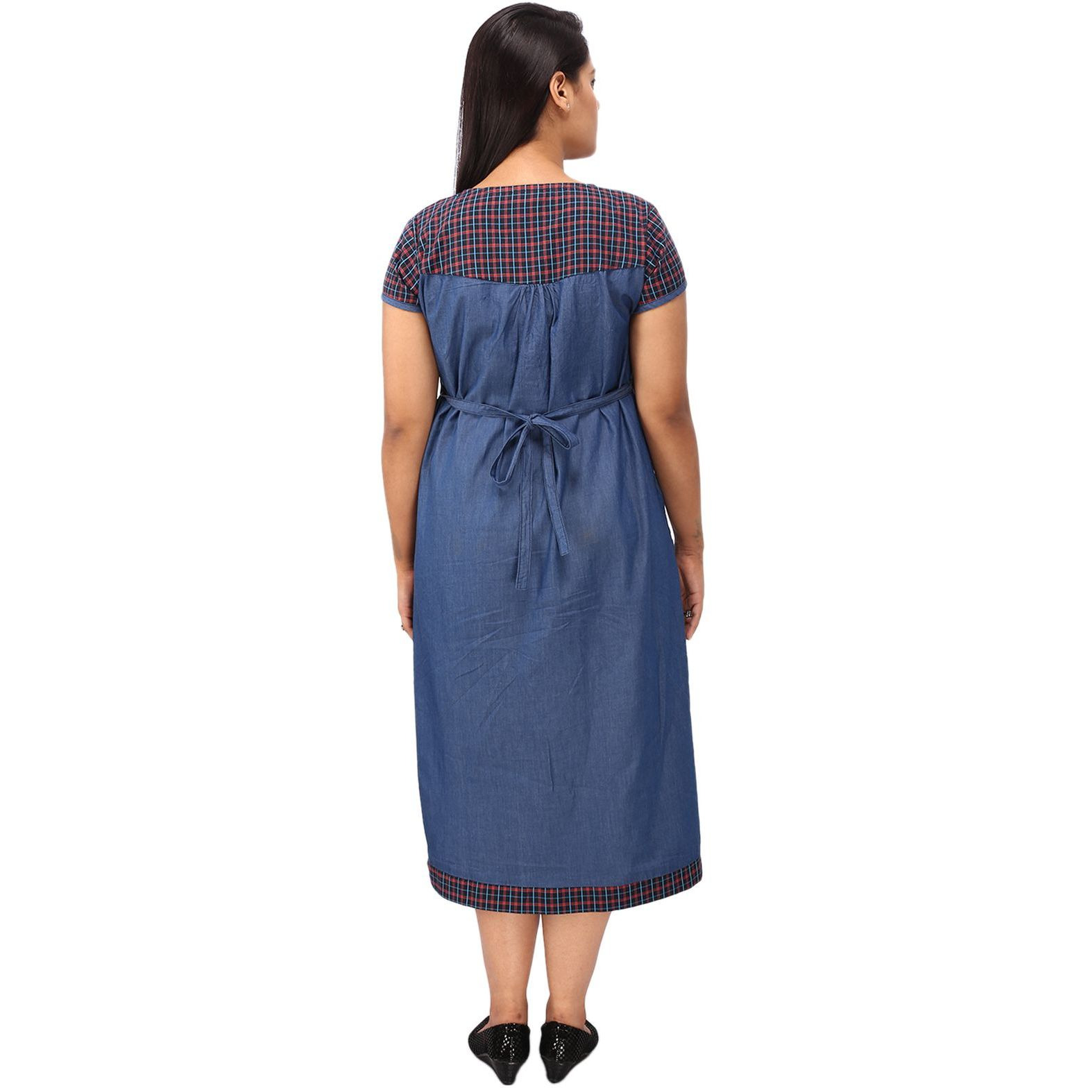 Mamma's Maternity Women's Red Check's Printed Blue Denim Maternity Dress