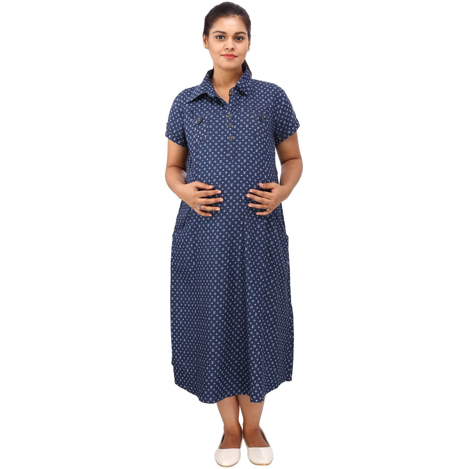 Mamma's Maternity Women's VL Printed Blue Denim Maternity Dress