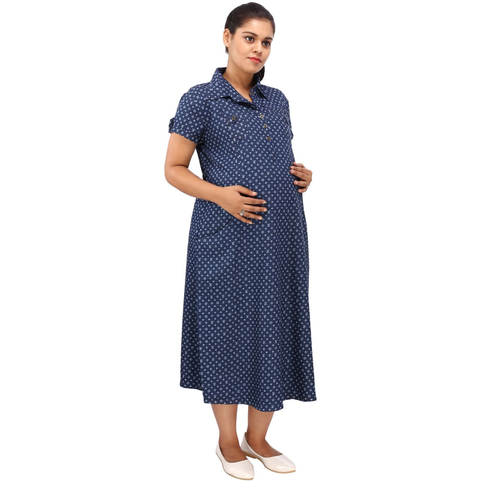 Mamma's Maternity Women's VL Printed Blue Denim Maternity Dress