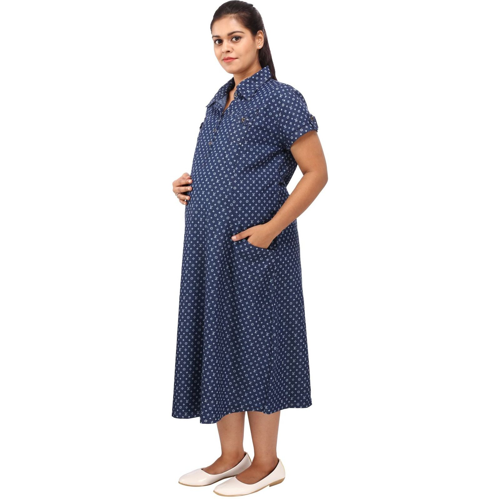 Mamma's Maternity Women's VL Printed Blue Denim Maternity Dress