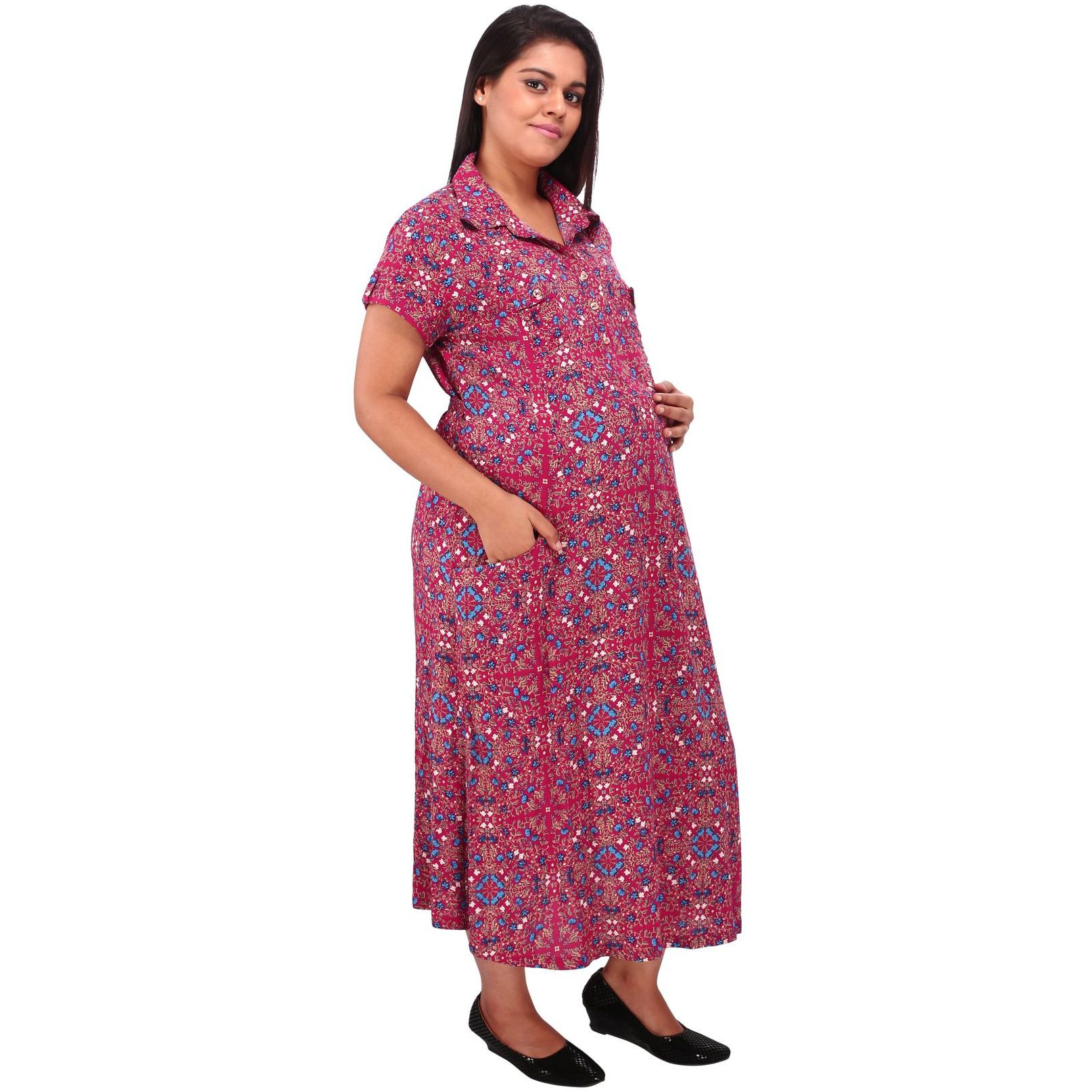 Mamma's Maternity Women's  Maroon Printed Cotton Maternity Dress