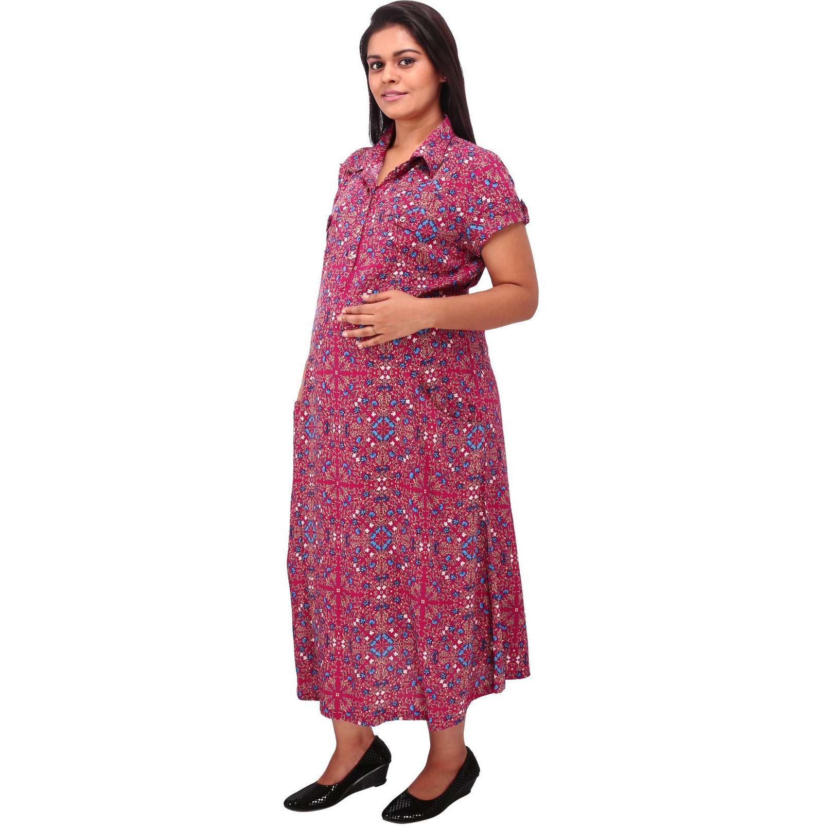 Mamma's Maternity Women's  Maroon Printed Cotton Maternity Dress