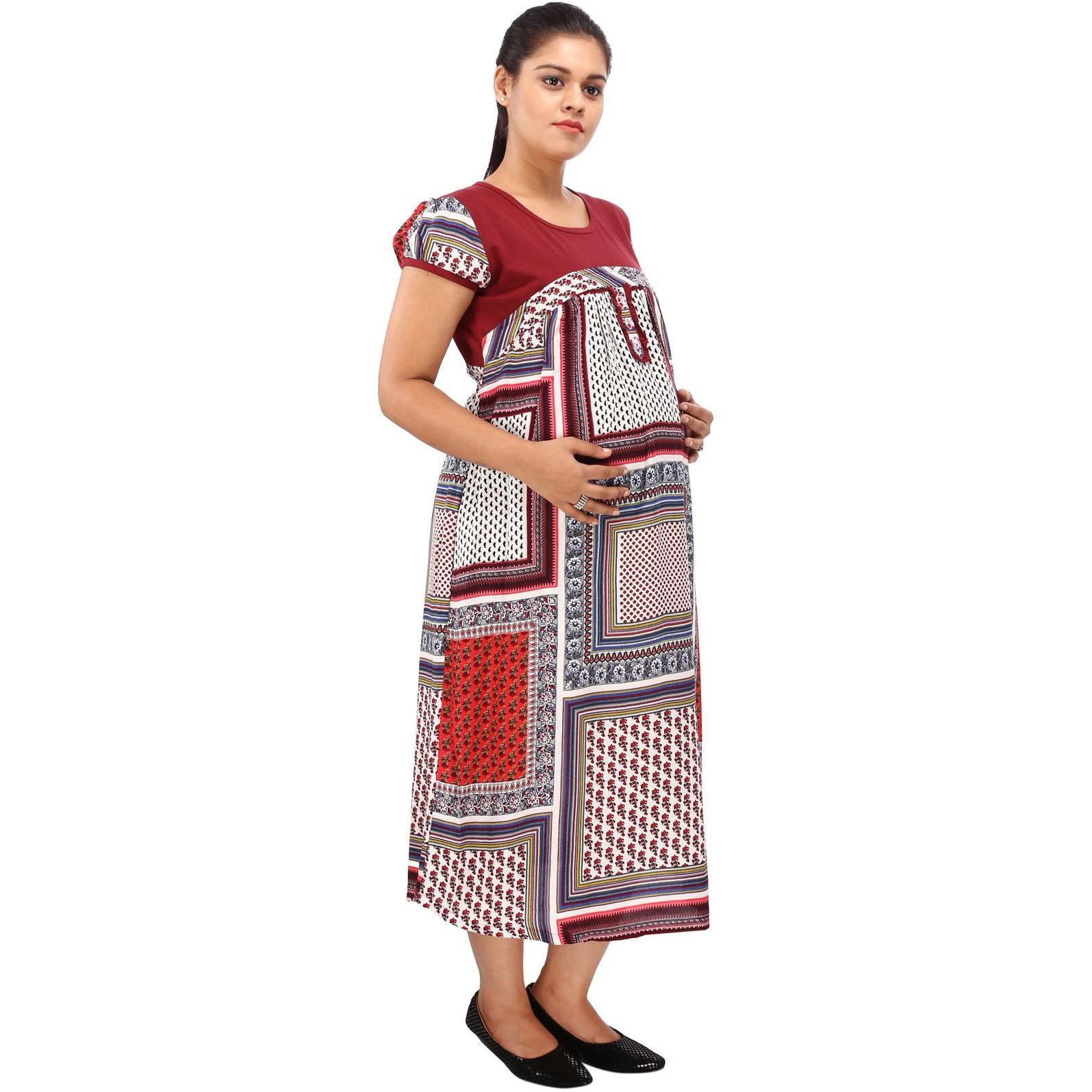 Mamma's Maternity Women's Rayon Printed Red Maternity Dress (Size:L)