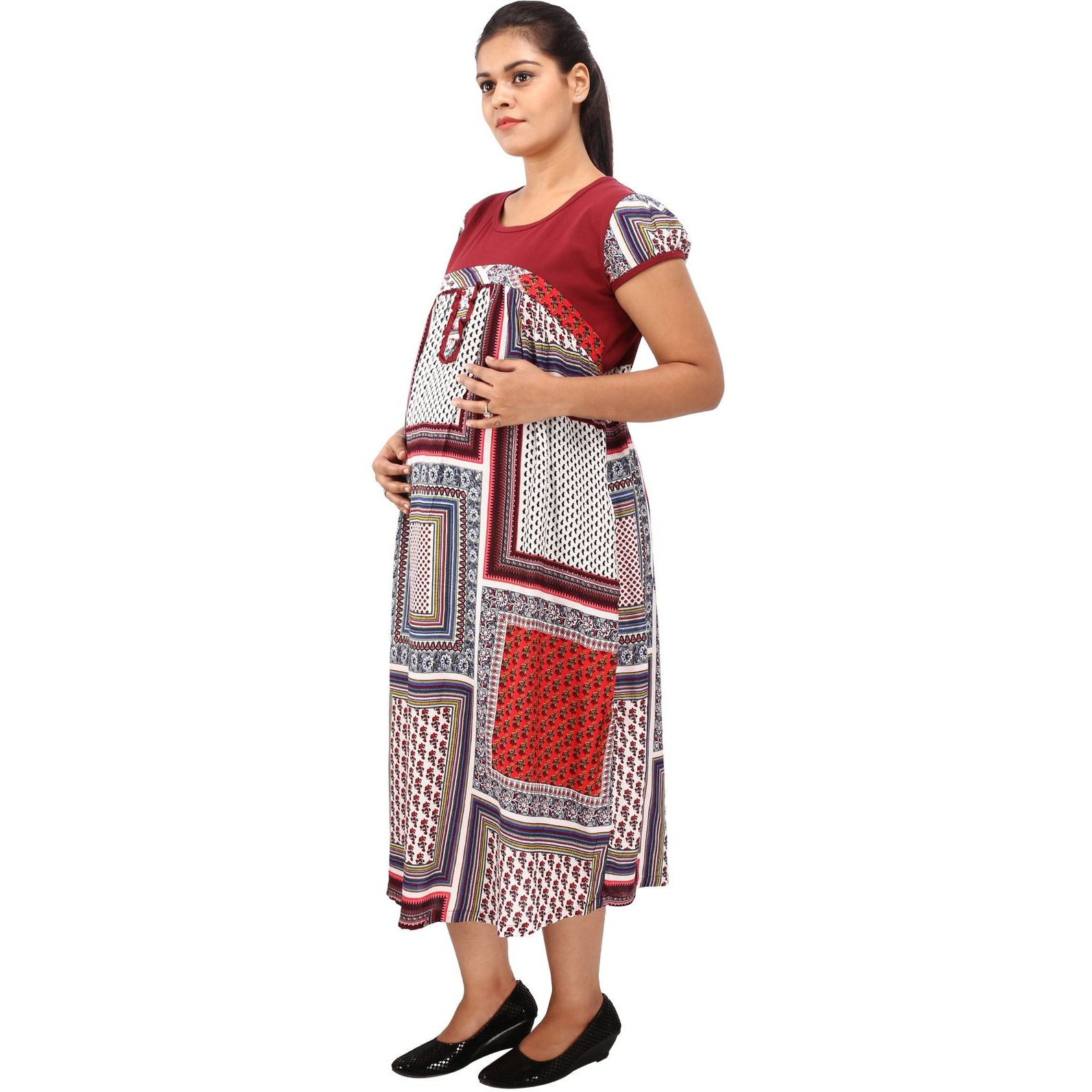 Mamma's Maternity Women's Rayon Printed Red Maternity Dress (Size:L)