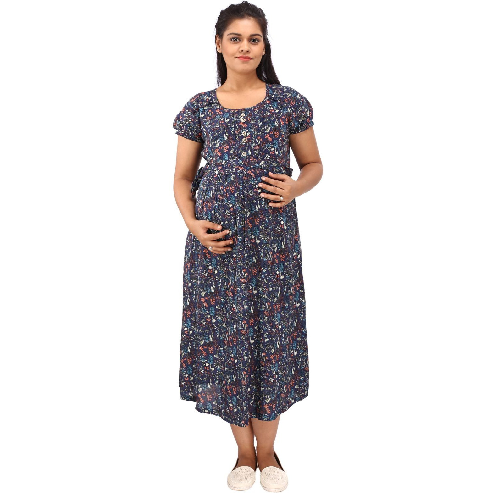 Mamma's Maternity Women's Rayon Printed Blue Maternity Dress (Size:XL)
