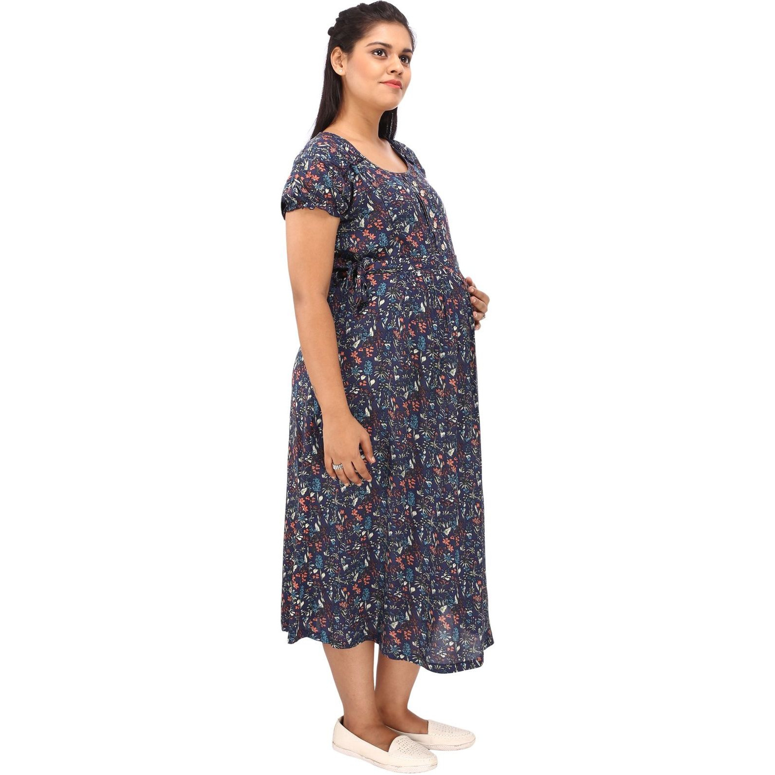 Mamma's Maternity Women's Rayon Printed Blue Maternity Dress