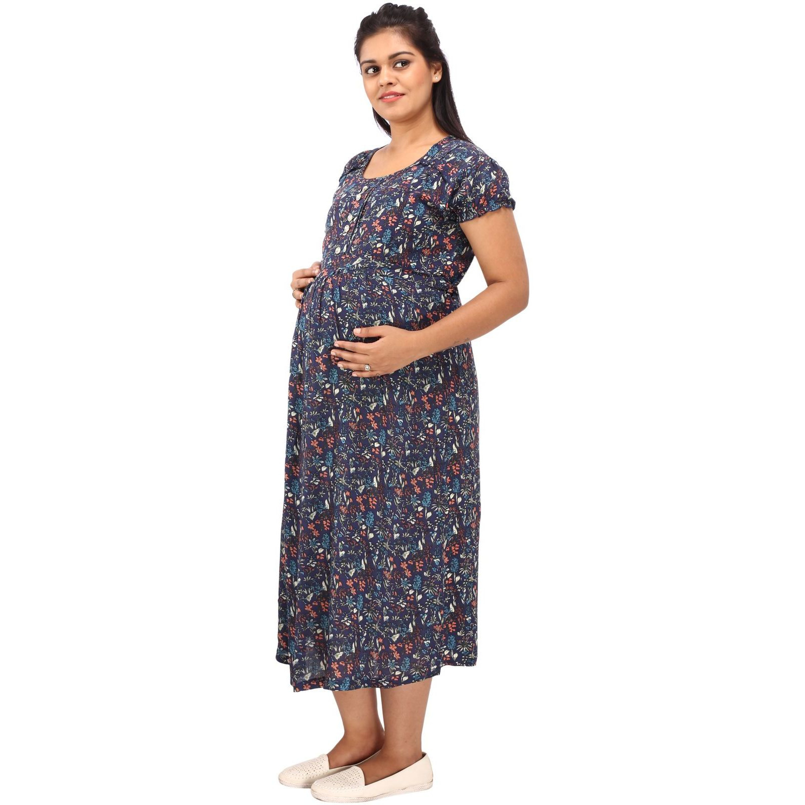 Mamma's Maternity Women's Rayon Printed Blue Maternity Dress