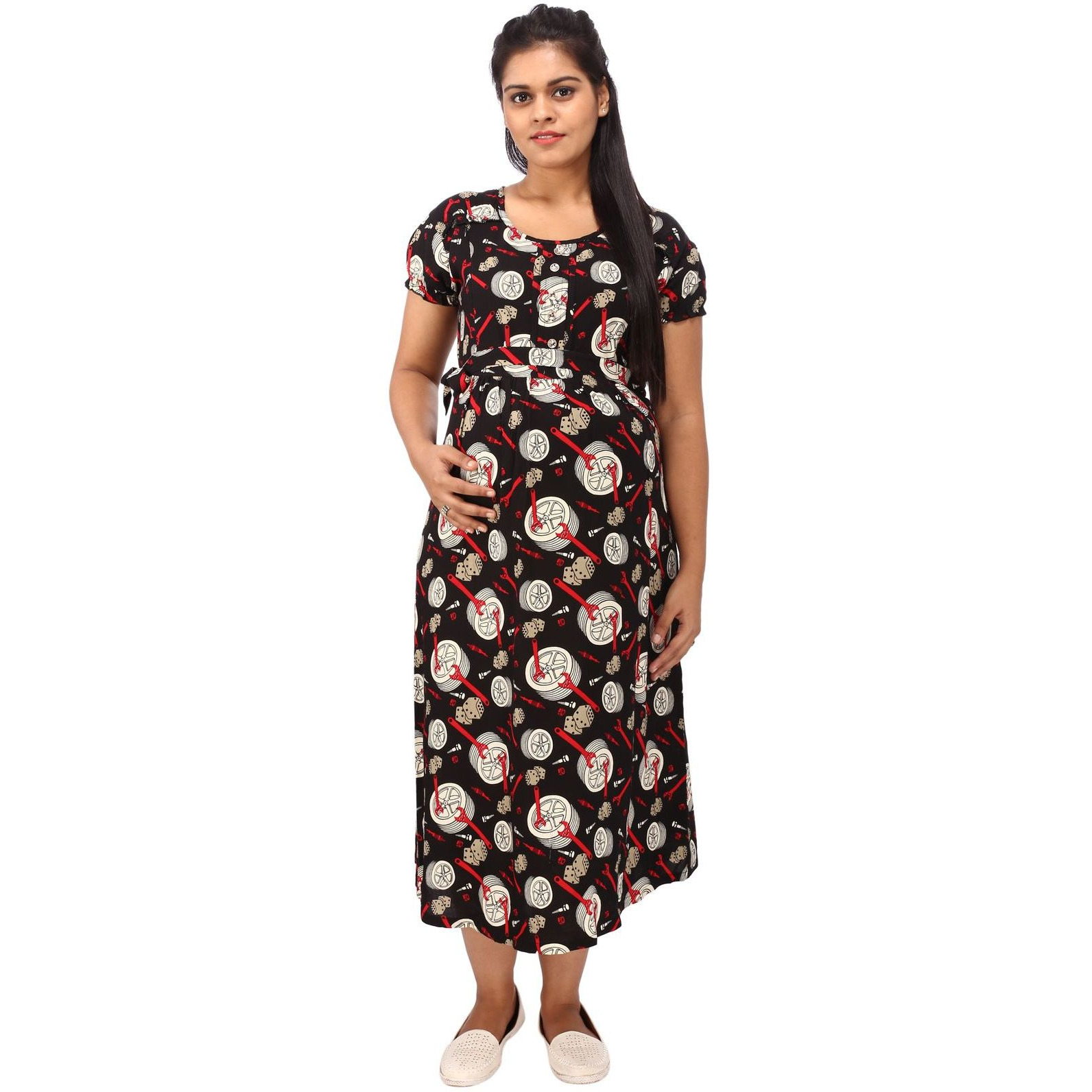 Mamma's Maternity Women's Rayon Printed Black Maternity Dress (SizeL)