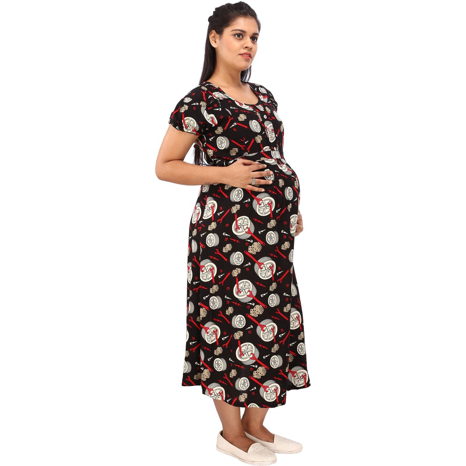Mamma's Maternity Women's Rayon Printed Black Maternity Dress (SizeL)
