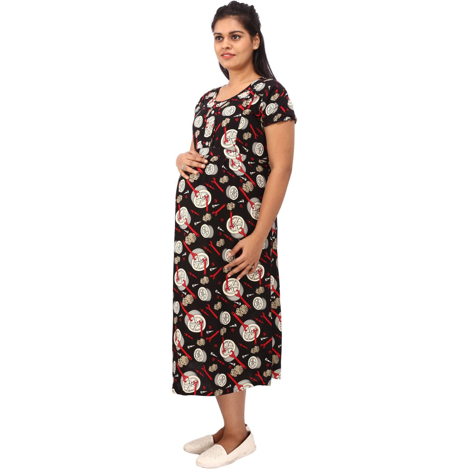Mamma's Maternity Women's Rayon Printed Black Maternity Dress (SizeL)