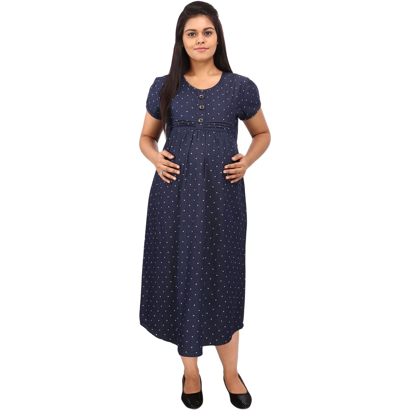 Mamma's Maternity Women's Heart Printed Blue Denim Maternity Dress