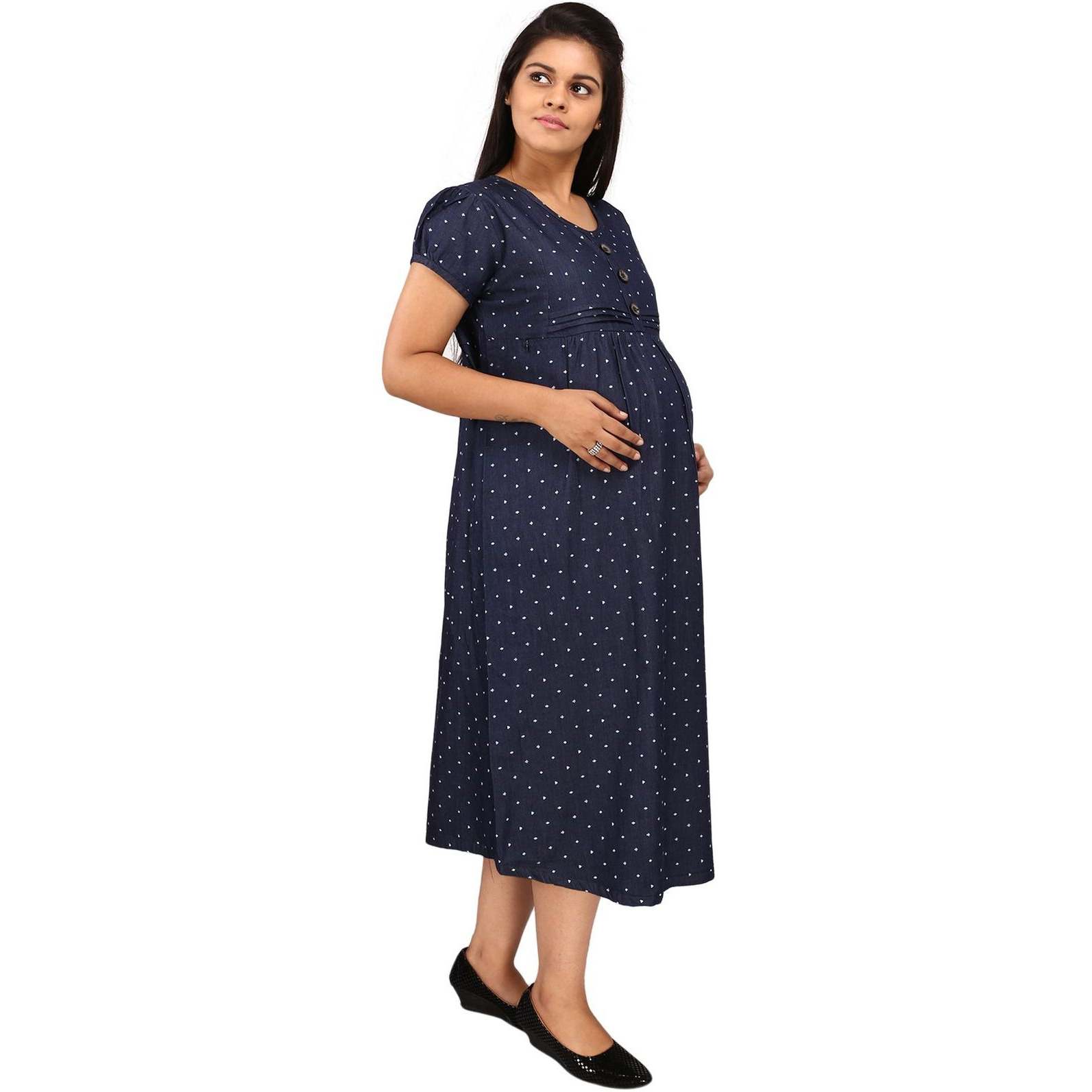 Mamma's Maternity Women's Heart Printed Blue Denim Maternity Dress