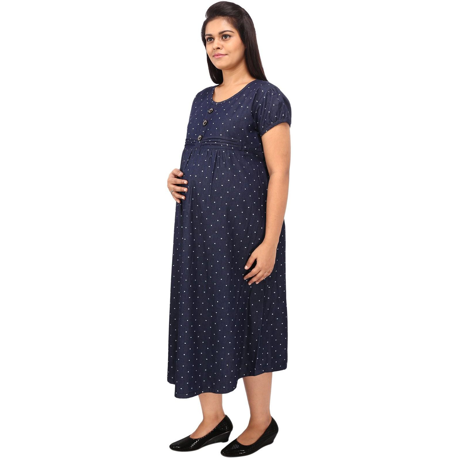Mamma's Maternity Women's Heart Printed Blue Denim Maternity Dress