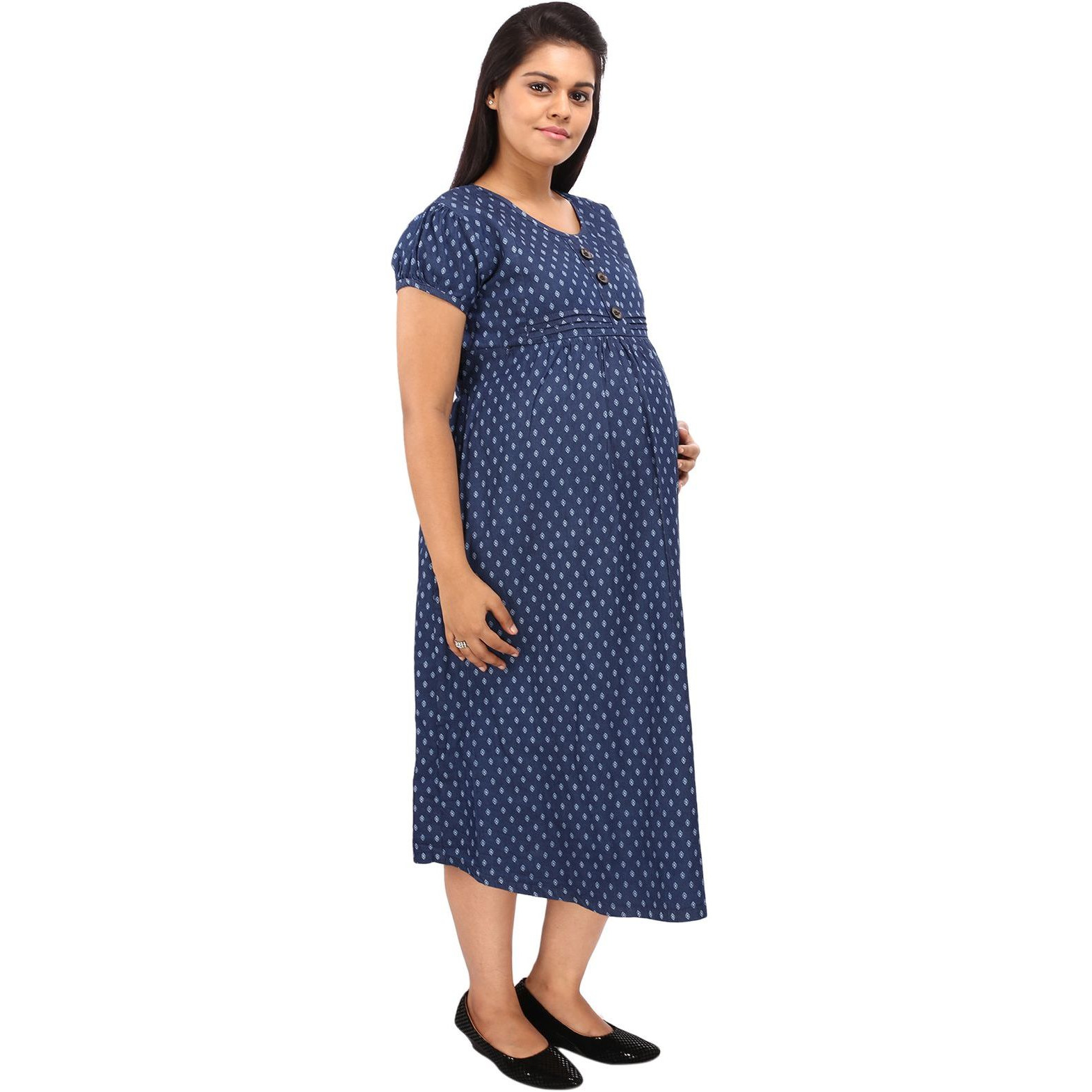 Mamma's Maternity Women's Printed Blue Denim Maternity Dress