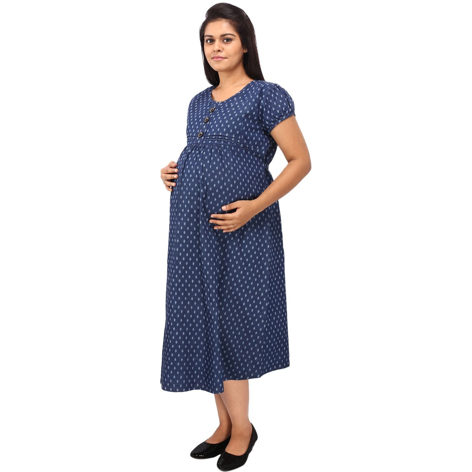 Mamma's Maternity Women's Printed Blue Denim Maternity Dress