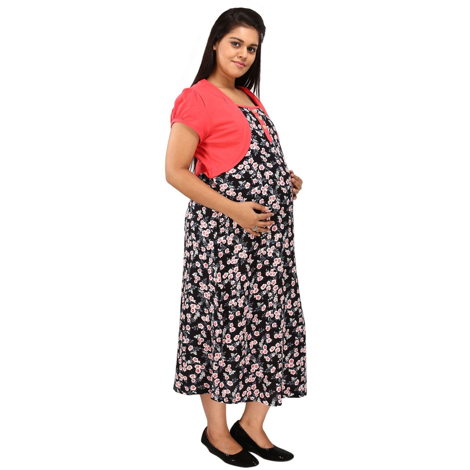 Mamma's Maternity Women's Peach and Black Floral Maternity Dress