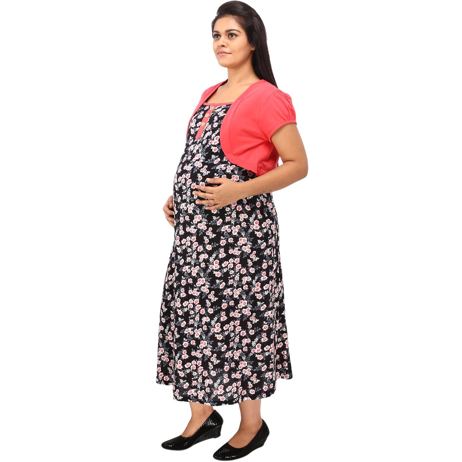 Mamma's Maternity Women's Peach and Black Floral Maternity Dress