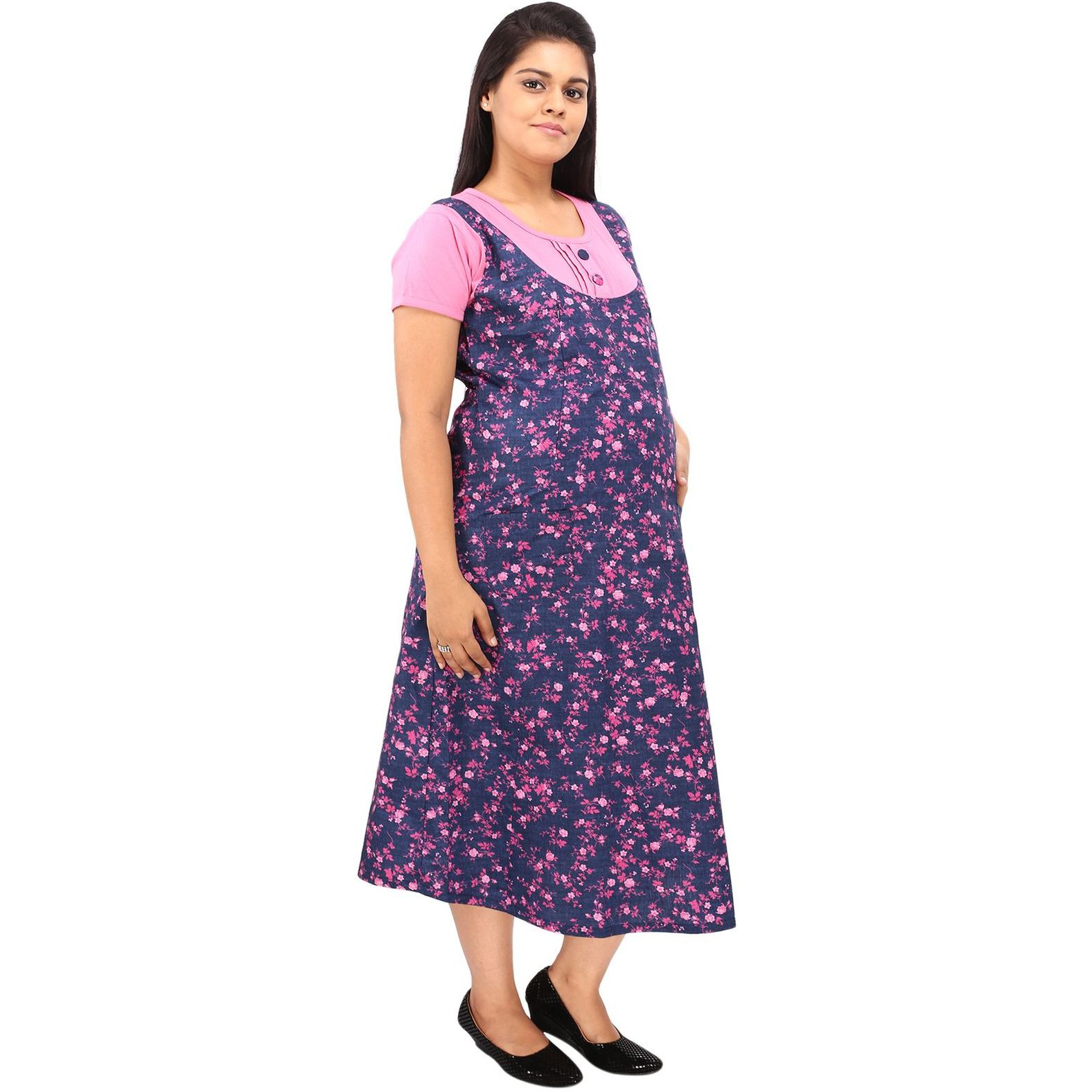 Mamma's Maternity Women's Cotton Pink and Blue Maternity Dress