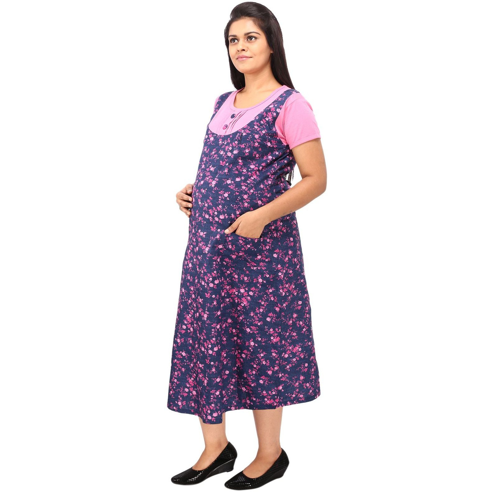 Mamma's Maternity Women's Cotton Pink and Blue Maternity Dress