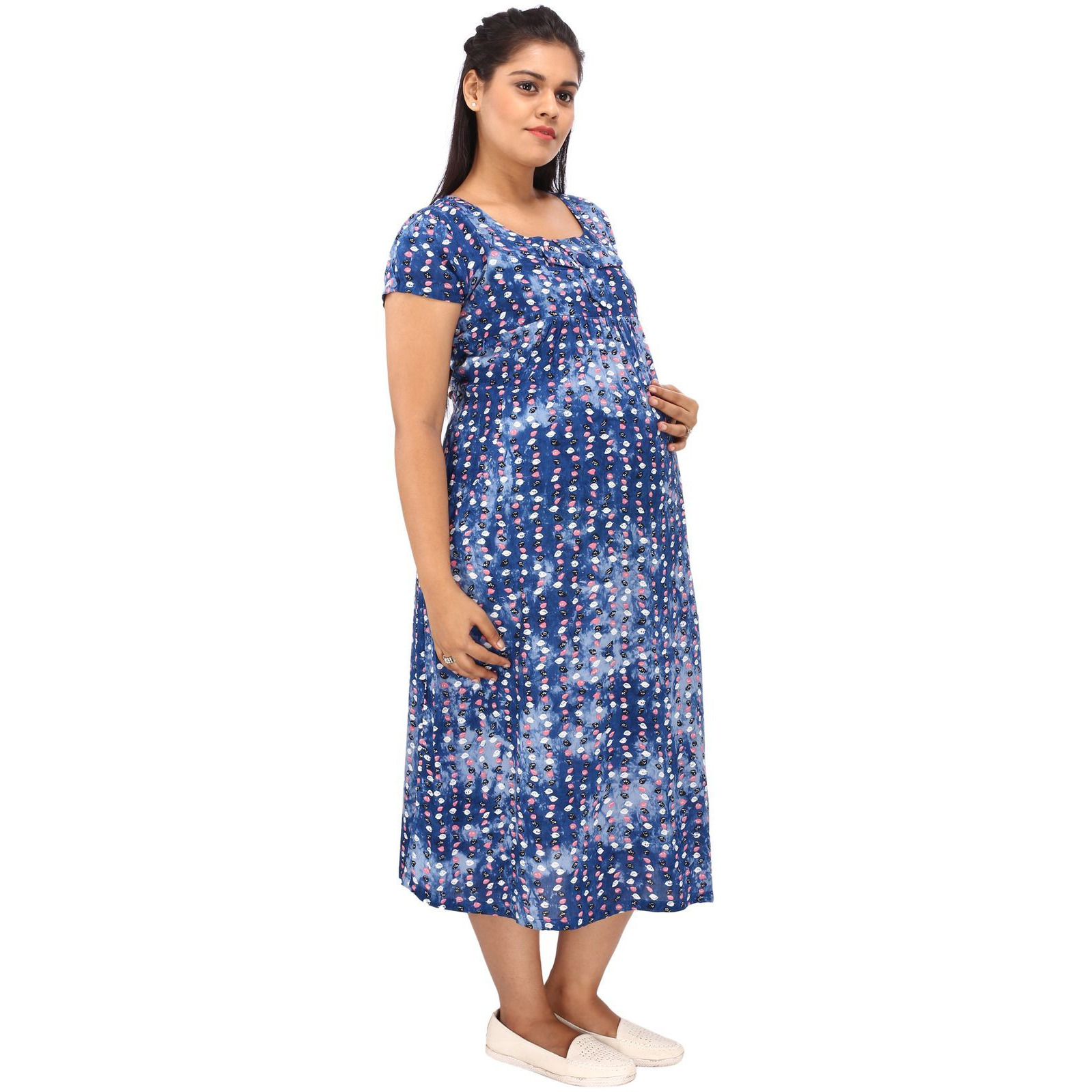 Mamma's Maternity Women's Leaf Printed Blue Maternity Dress (Size:L)