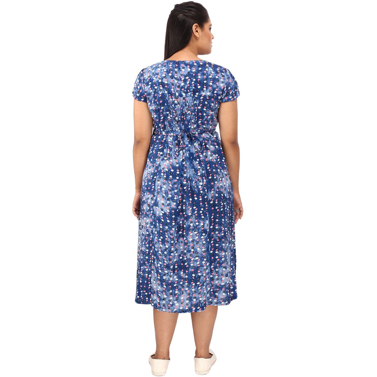 Mamma's Maternity Women's Leaf Printed Blue Maternity Dress (Size:L)