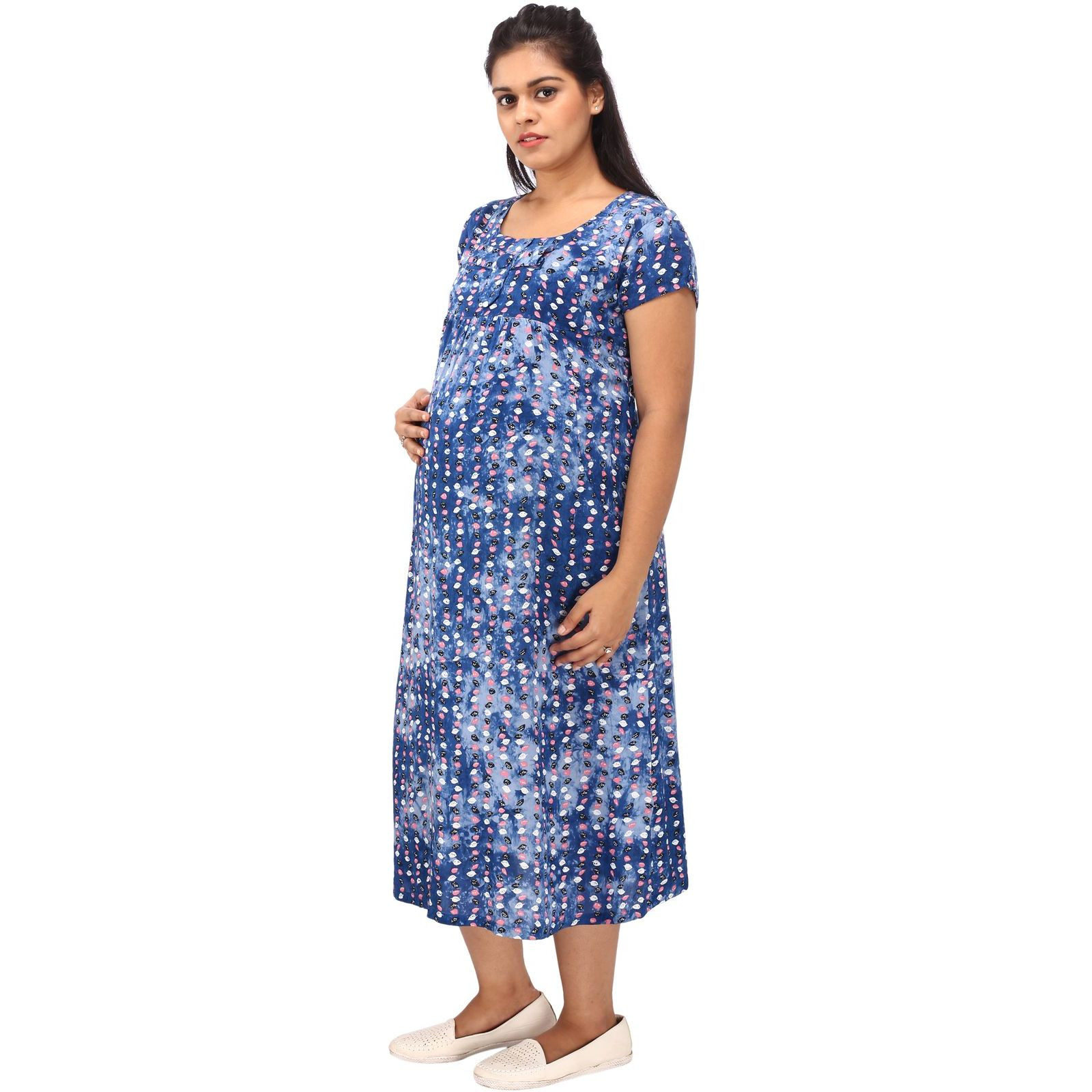 Mamma's Maternity Women's Leaf Printed Blue Maternity Dress (Size:L)