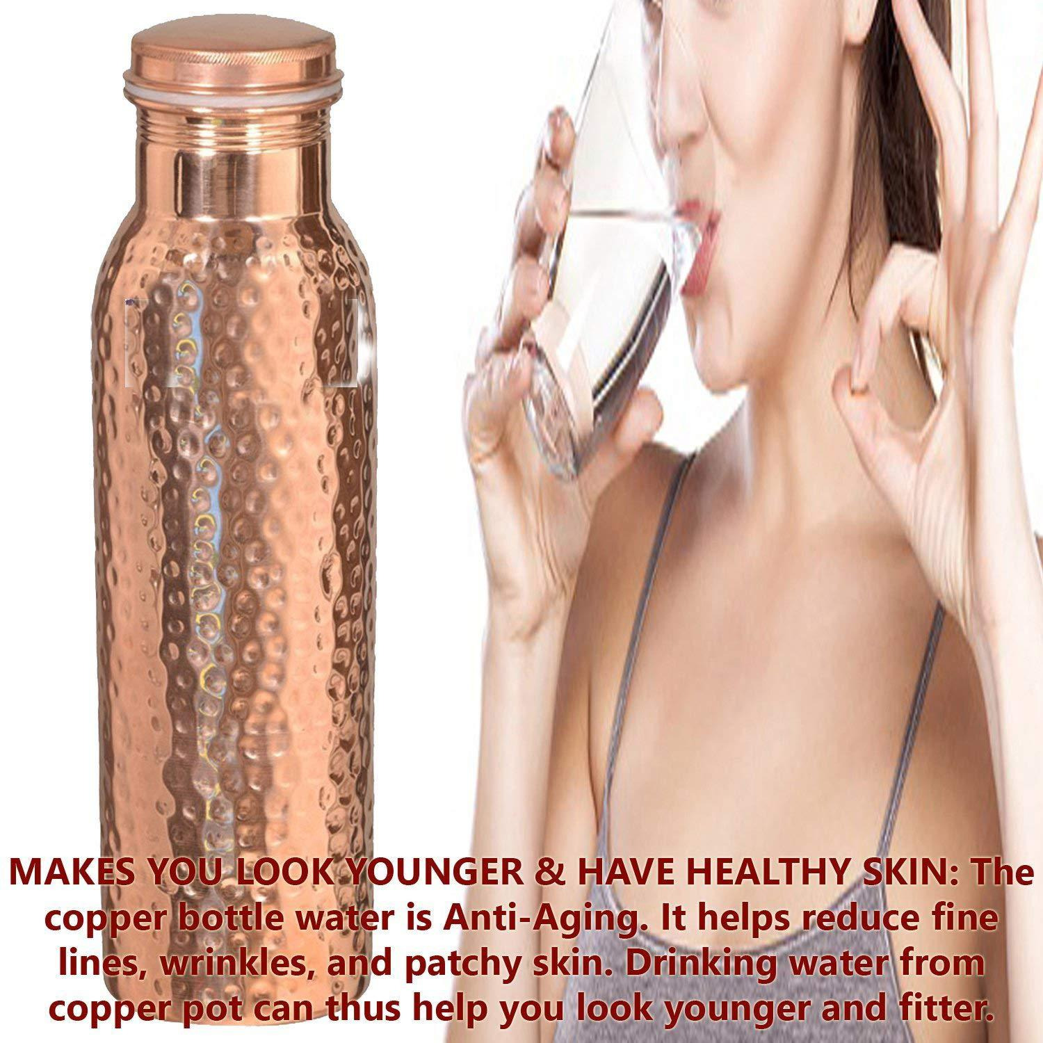 Set of 2 PCs Hand hammered 100% Pure Copper Drinkware Water Bottle Leak Proof Serving Flask 20 Oz