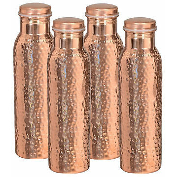 Set Of 4 Pc Hand Hammered 100% Pure Copper Drinkware Water Bottle Leak Proof Serving Flask 20 Oz