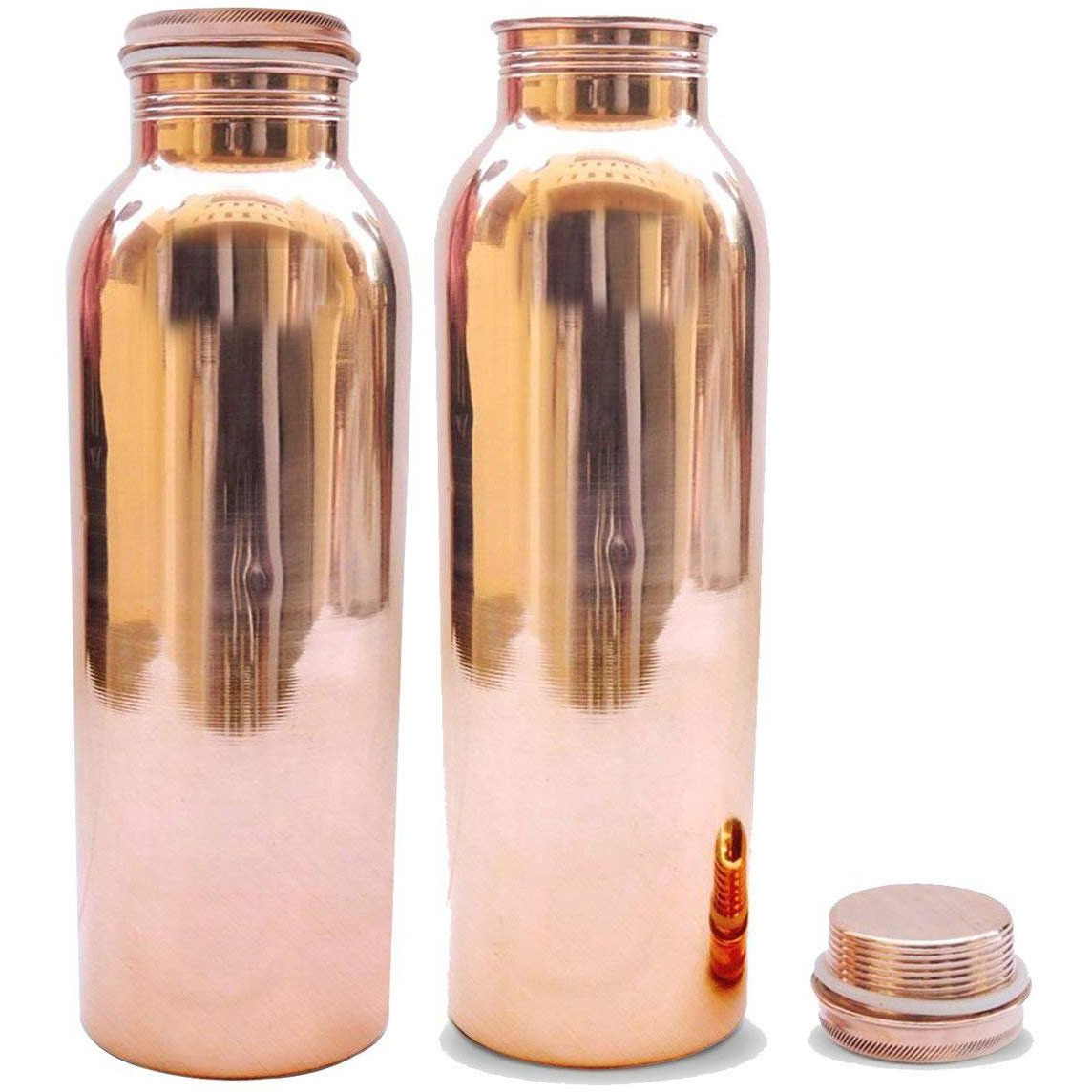 Set of 2 Indian Handmade 100% Pure Copper Solid Water Bottle Drinkware Water Flask