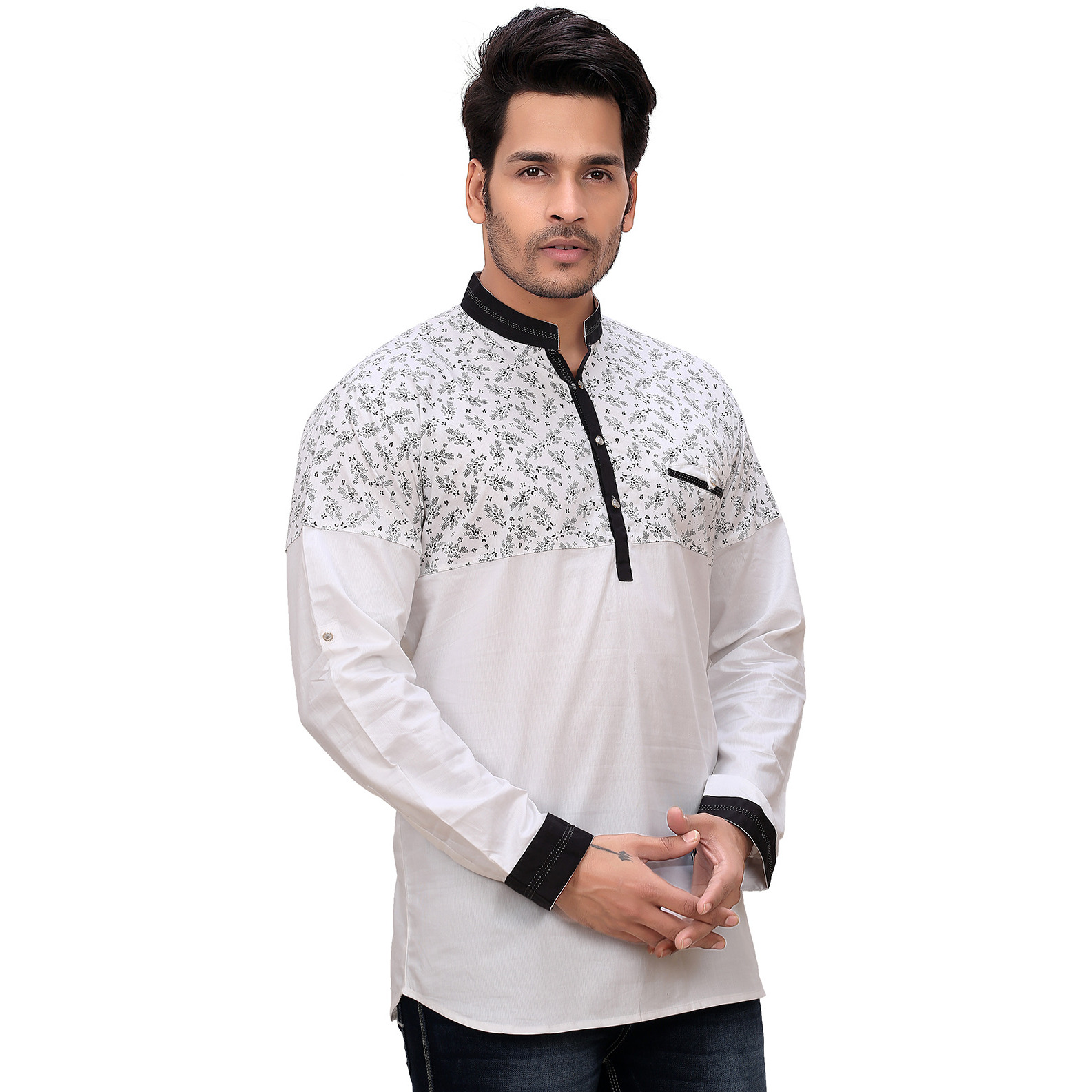 GARUN BLACK FLORAL HALF PRINT SHORT KURTA